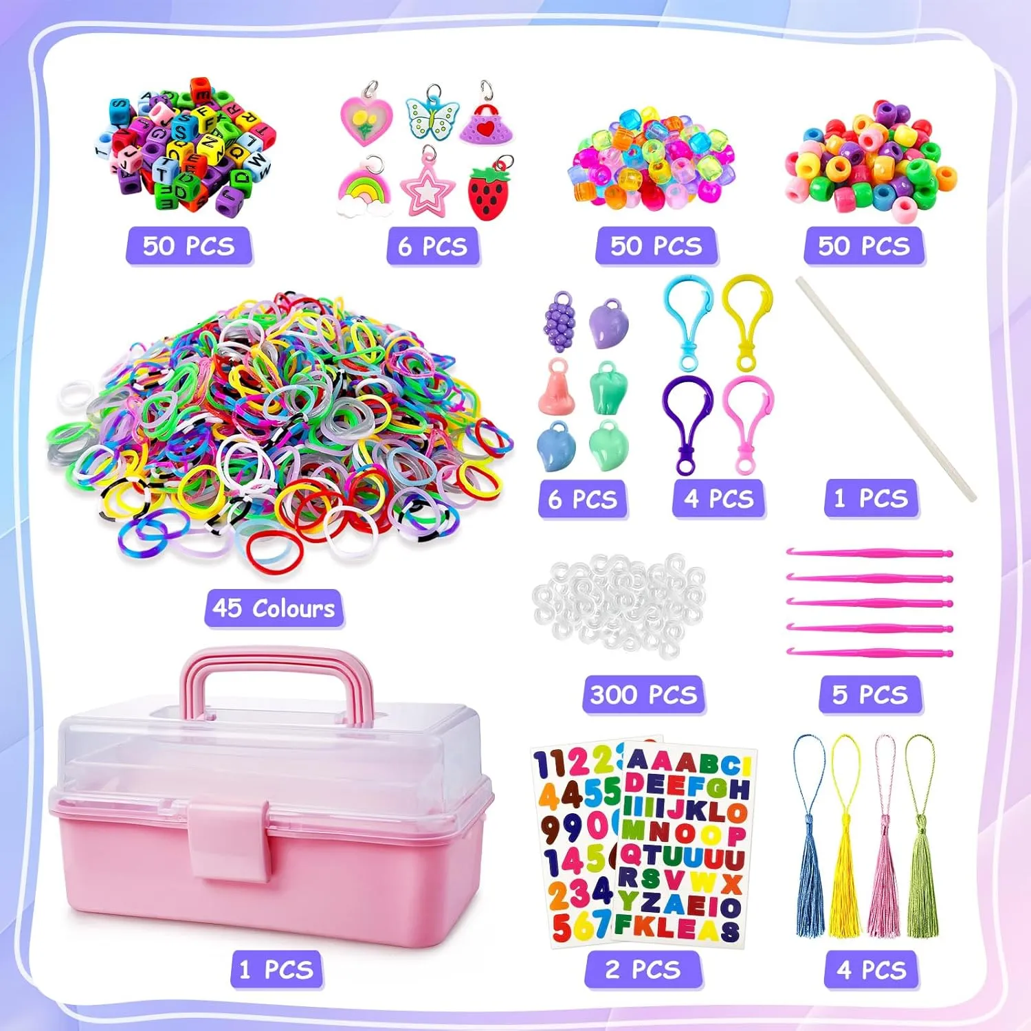 ROSHUKG 45 Colours Rubber Band Kit with 3 Layer Container, DIY Rubber Band Refill Making Kit for Boys Girls Weaving Gift(Pink)