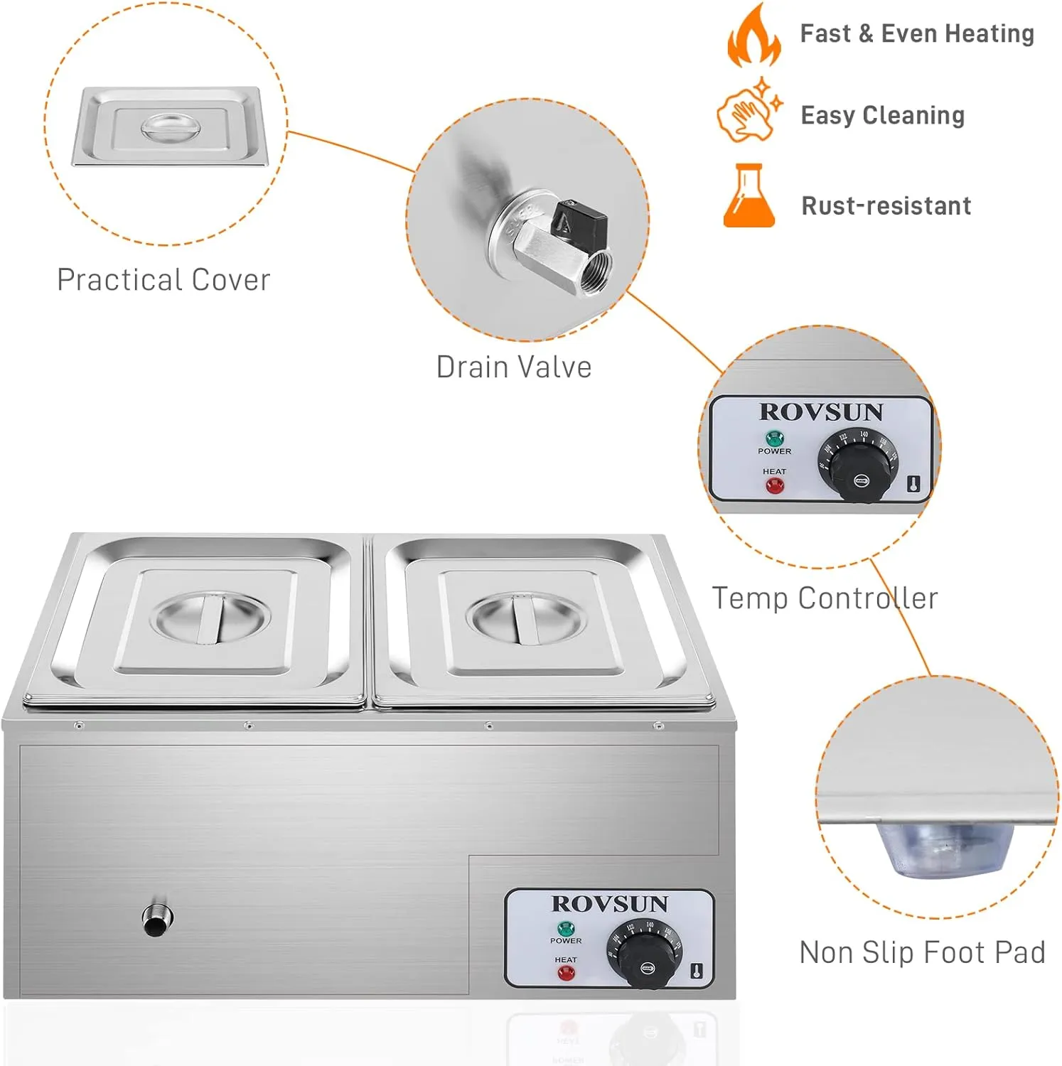 ROVSUN 21QT Electric Commercial Food Warmer, 2-Pan Steam Table 10.6 QT/Pan Stainless Steel Bain Marie Buffet Countertop with Temperature Control & Lid for Parties, Catering, Restaurants 110V