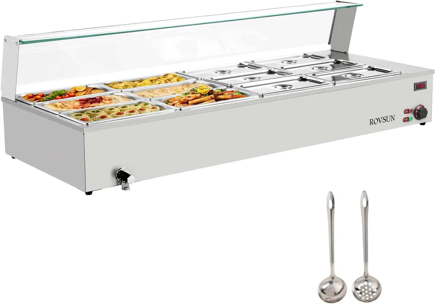 ROVSUN 96QT 1500W Electric Commercial Food Warmer, 12-Pan Steam Table 8QT/Pan Stainless Steel Bain Marie Countertop w/Glass Shield Temperature Control & Lid for Buffet Restaurant 110V