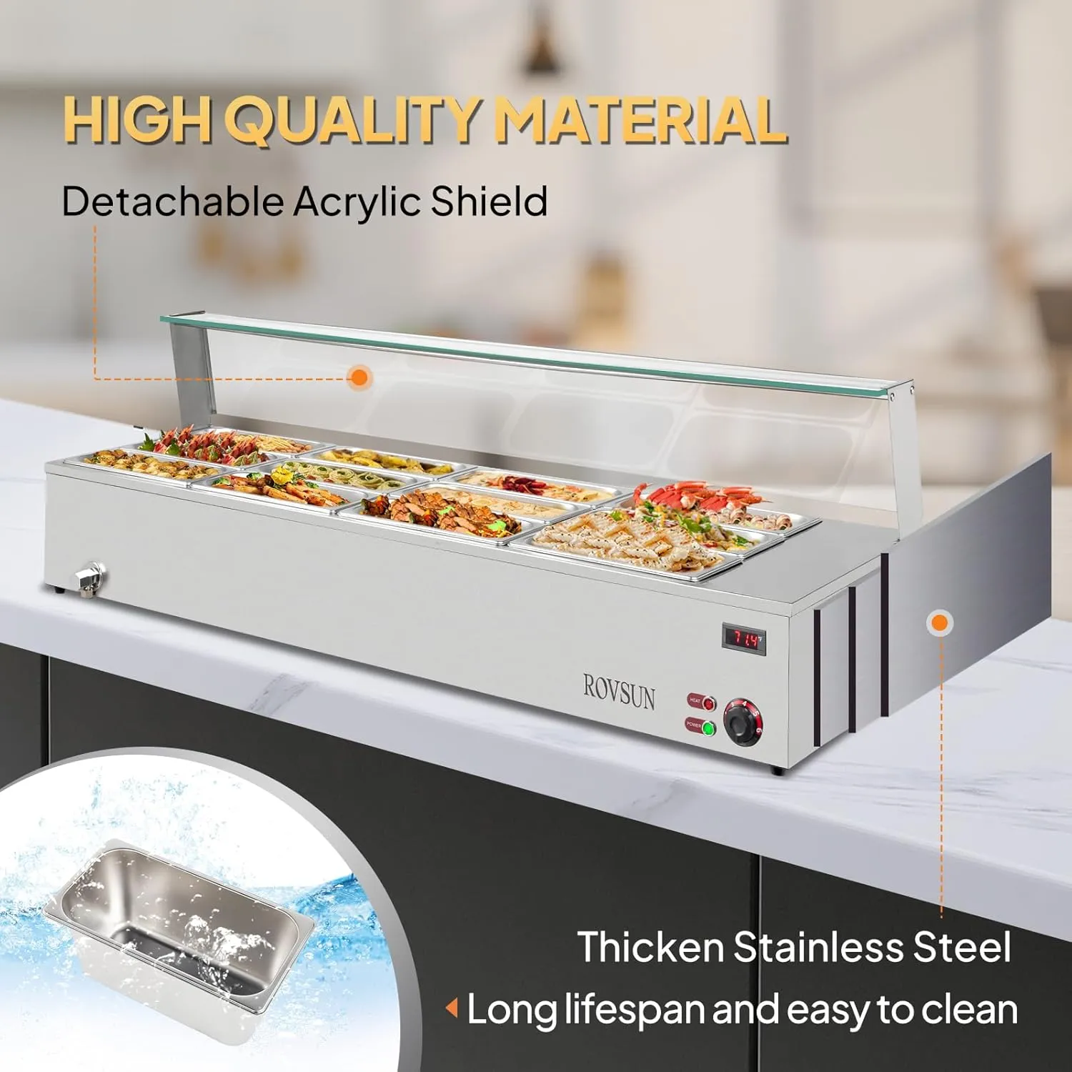 ROVSUN 96QT 1500W Electric Commercial Food Warmer, 12-Pan Steam Table 8QT/Pan Stainless Steel Bain Marie Countertop w/Glass Shield Temperature Control & Lid for Buffet Restaurant 110V