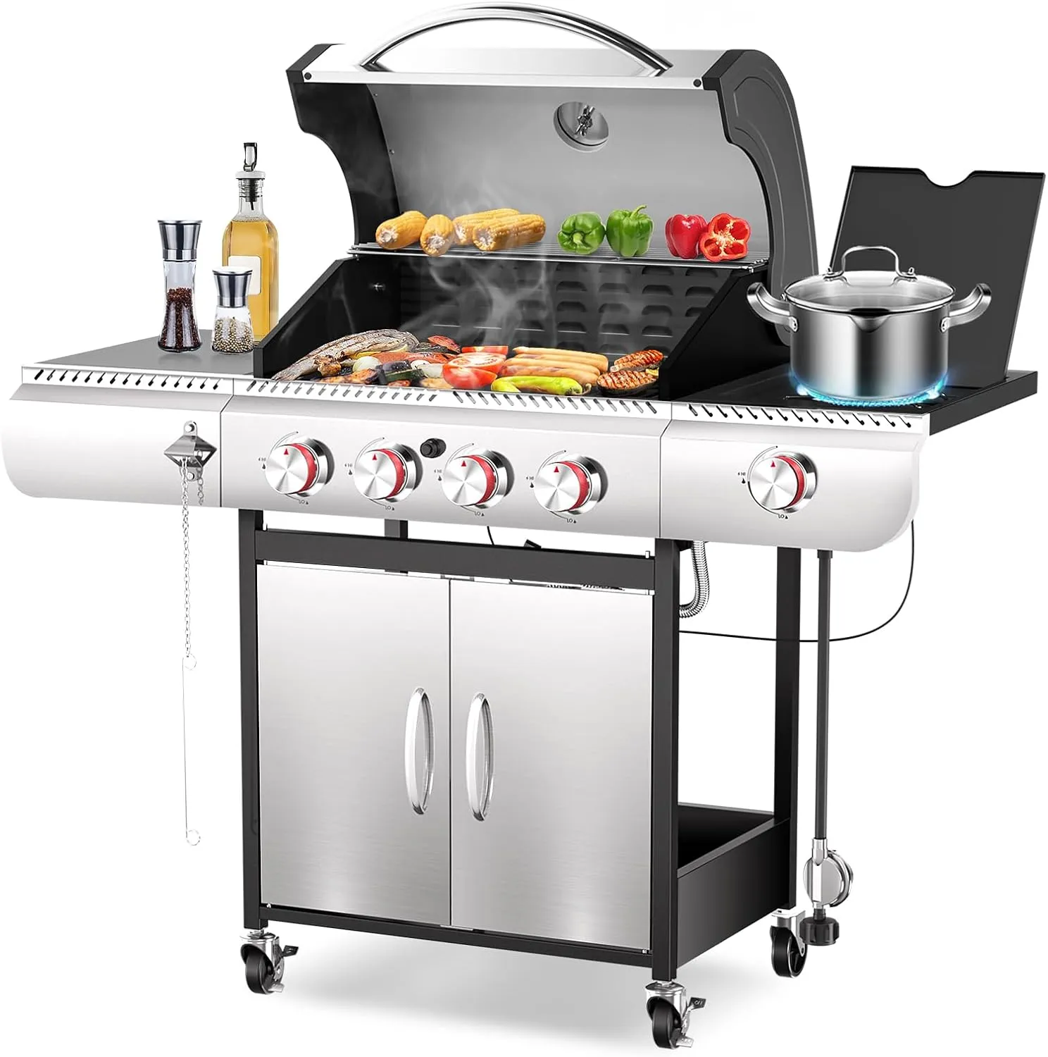 R.W.FLAME 4-Burner Propane Gas BBQ Grill with Side Burner & Cast iron grill net and baking pan, 42,000 BTU Stainless Steel Cabinet Style Propane Grill