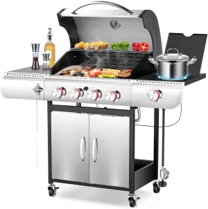 R.W.FLAME 4-Burner Propane Gas BBQ Grill with Side Burner & Cast iron grill net and baking pan, 42,000 BTU Stainless Steel Cabinet Style Propane Grill