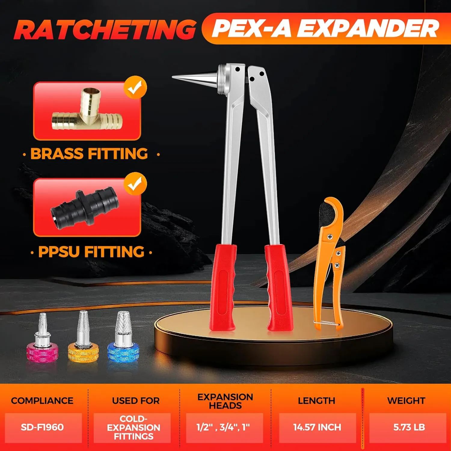 Saker PEX Tube Expansion Tool Kit | PEX-A Expansion Tool with 1/2'', 3/4'',1'' Expansion Heads | Mannual Expander Tool Kit SD-F1960 Standard PEX Coupling