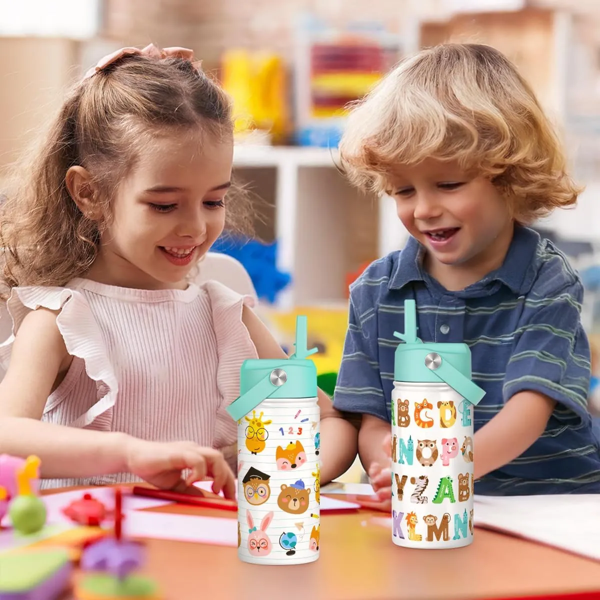 SANDJEST Animal Kids Water Bottle with Straw Lid 12oz Insulated Stainless Steel, Travel Tumbler, Gifts for Toddlers, Girls, Birthday, Christmas, Back to School
