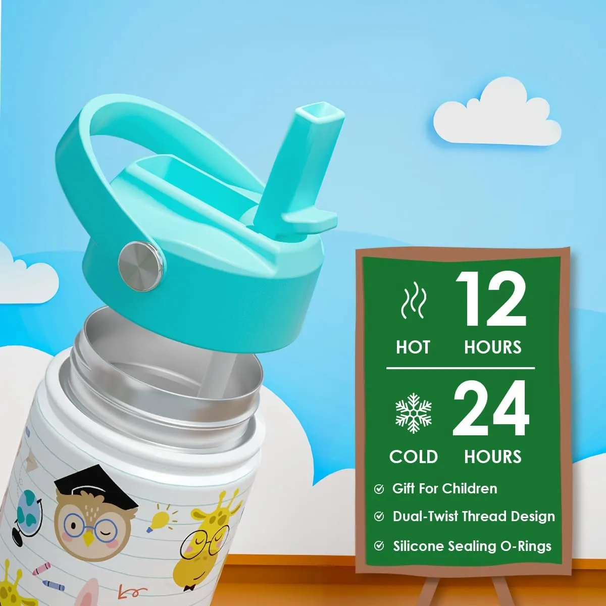 SANDJEST Animal Kids Water Bottle with Straw Lid 12oz Insulated Stainless Steel, Travel Tumbler, Gifts for Toddlers, Girls, Birthday, Christmas, Back to School