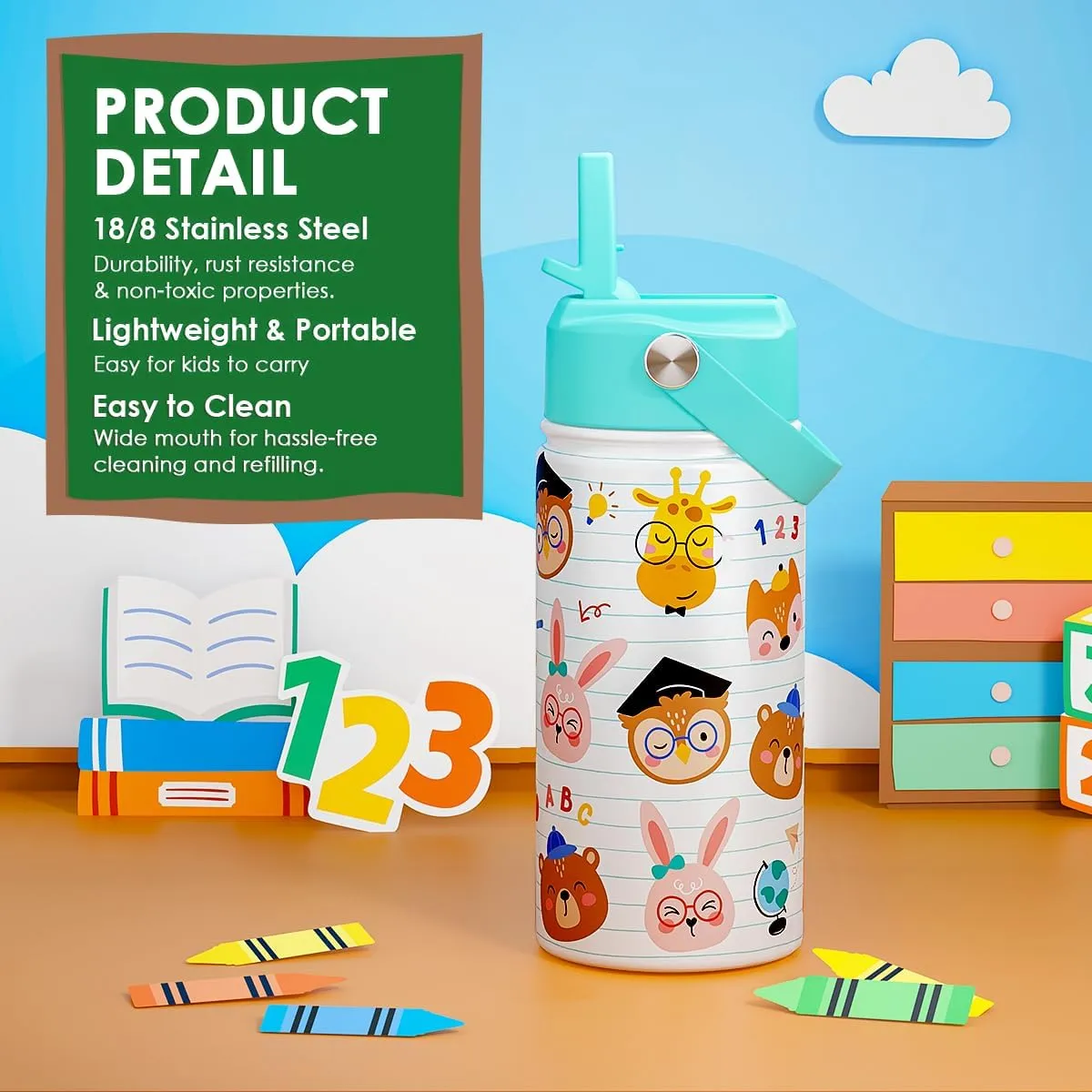 SANDJEST Animal Kids Water Bottle with Straw Lid 12oz Insulated Stainless Steel, Travel Tumbler, Gifts for Toddlers, Girls, Birthday, Christmas, Back to School