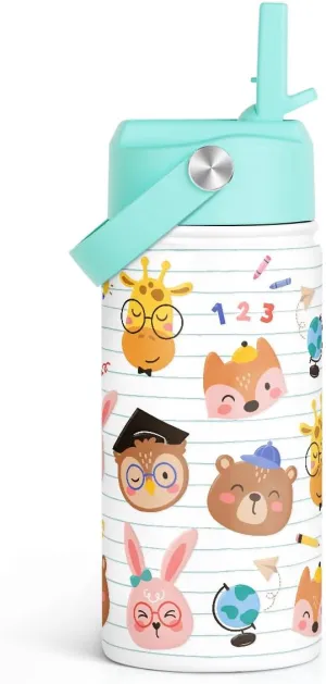 SANDJEST Animal Kids Water Bottle with Straw Lid 12oz Insulated Stainless Steel, Travel Tumbler, Gifts for Toddlers, Girls, Birthday, Christmas, Back to School