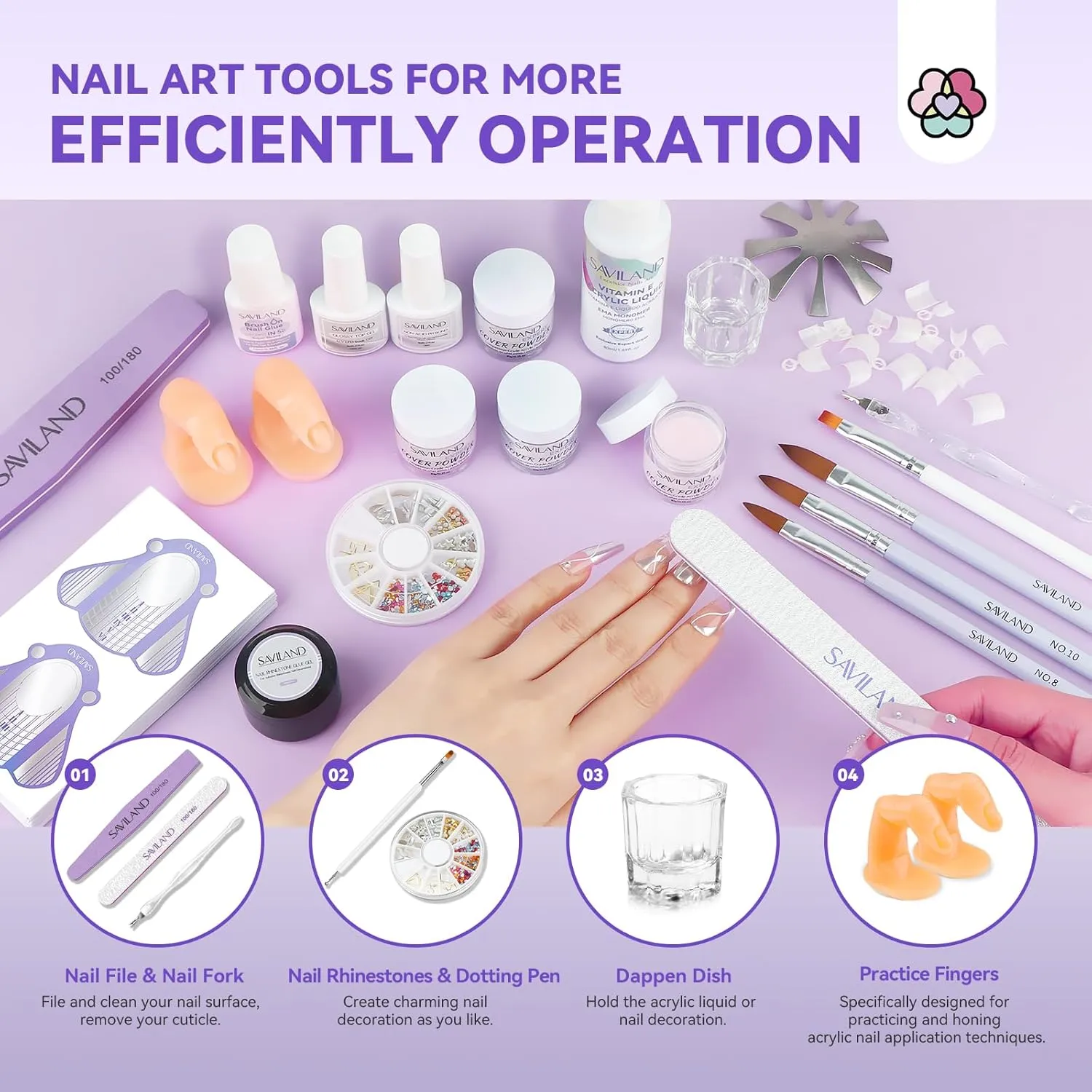 SAVILAND French Acrylic Nail Kit: Beginner Nail Kit Acrylic Set Easy to Use Acrylic Powder and Liquid Set with Half Cover Nail Tips Acrylic Nail Brushes Nail Tools for DIY French Manucure Kit