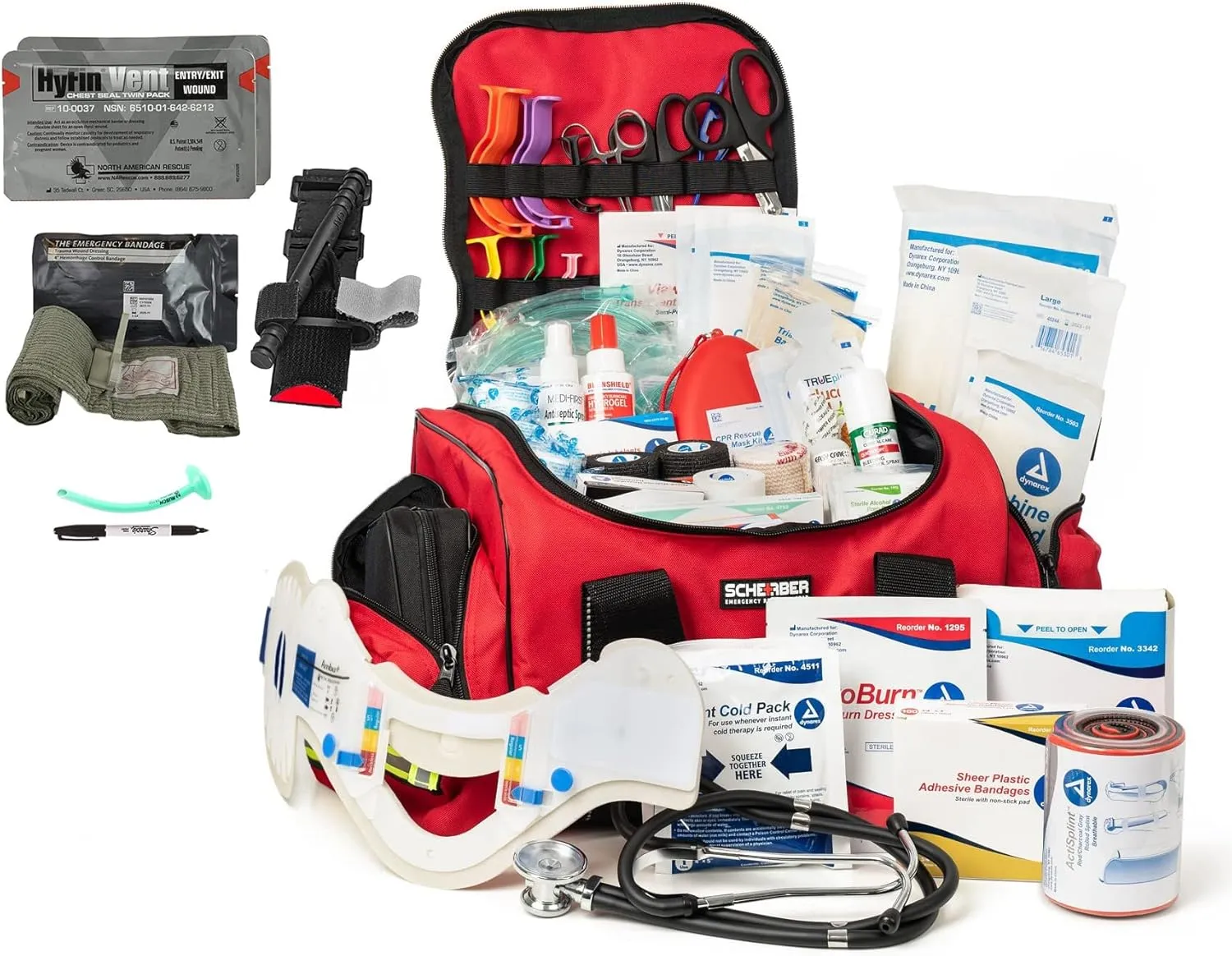 Scherber Fully-Stocked First Responder Bag | Professional EMT/EMS Trauma & Bleeding Medical Kit | HSA/FSA Approved | CAT Tourniquet, HyFin Chest Seal, Israeli Bandage & 250  First Aid Supplies (Red)