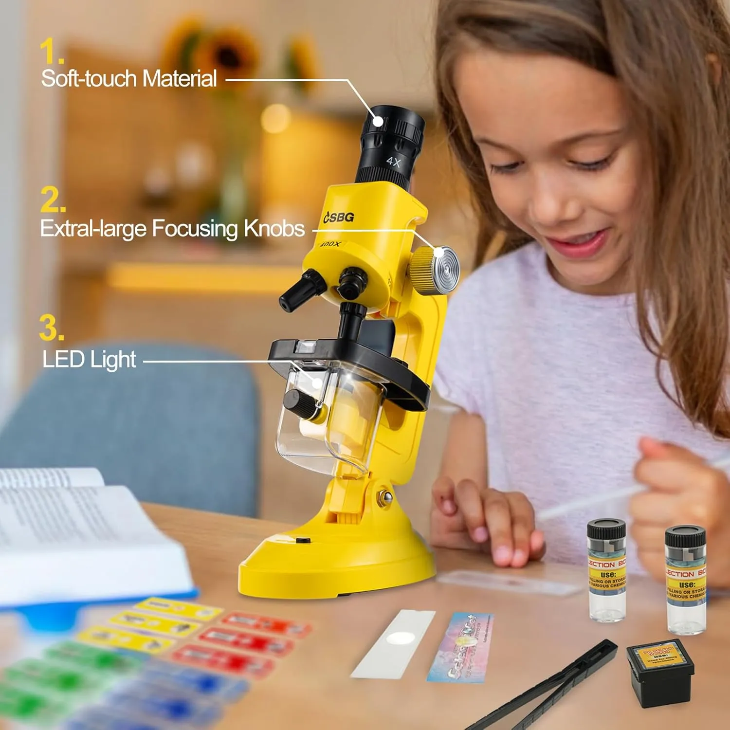 Science Kits for Kids Beginner Microscope with LED 100X 400X and 1200X-Include Sample Prepared Slides 12pc- Educational Toy Birthday Gift Yellow
