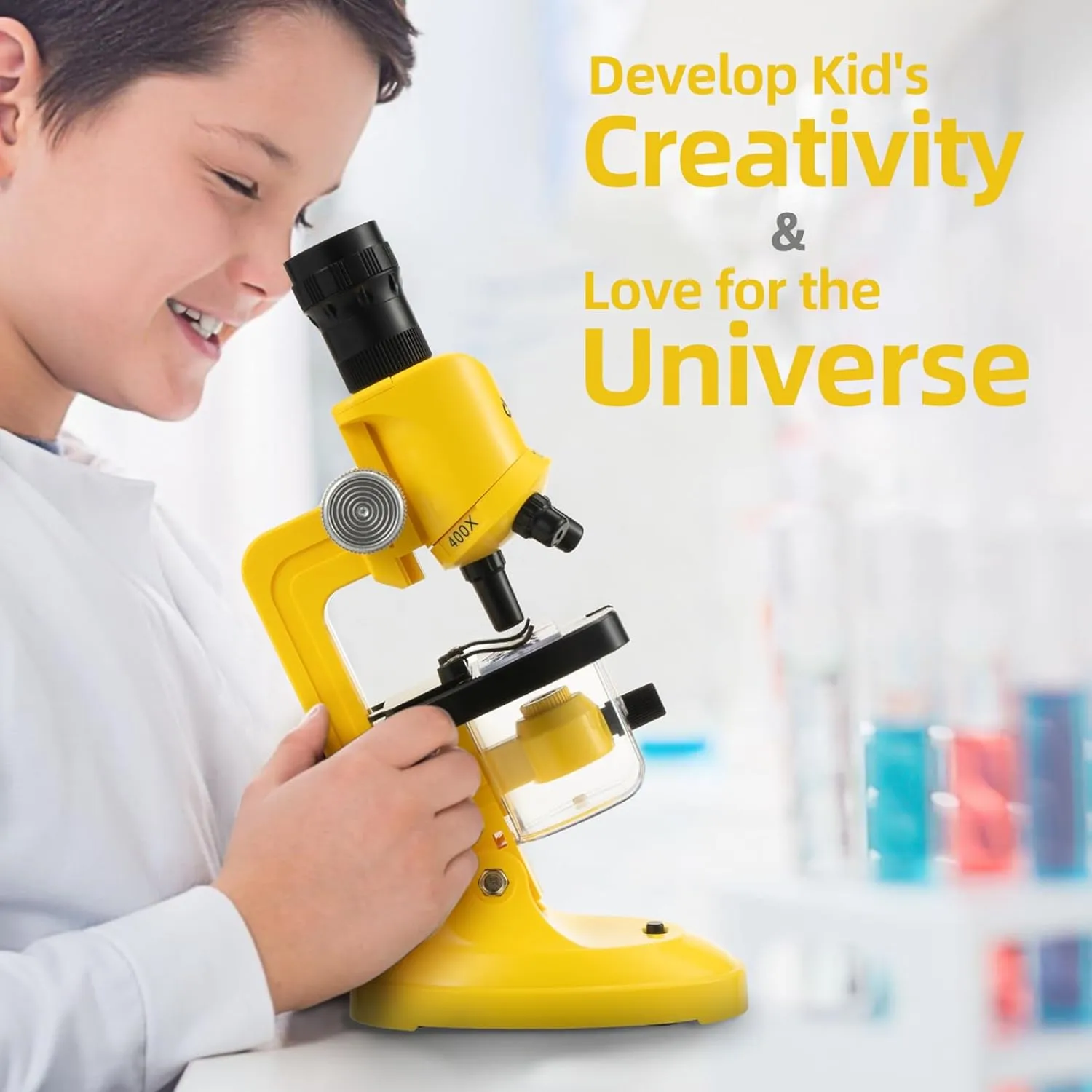 Science Kits for Kids Beginner Microscope with LED 100X 400X and 1200X-Include Sample Prepared Slides 12pc- Educational Toy Birthday Gift Yellow
