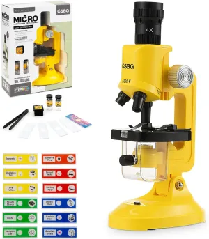 Science Kits for Kids Beginner Microscope with LED 100X 400X and 1200X-Include Sample Prepared Slides 12pc- Educational Toy Birthday Gift Yellow