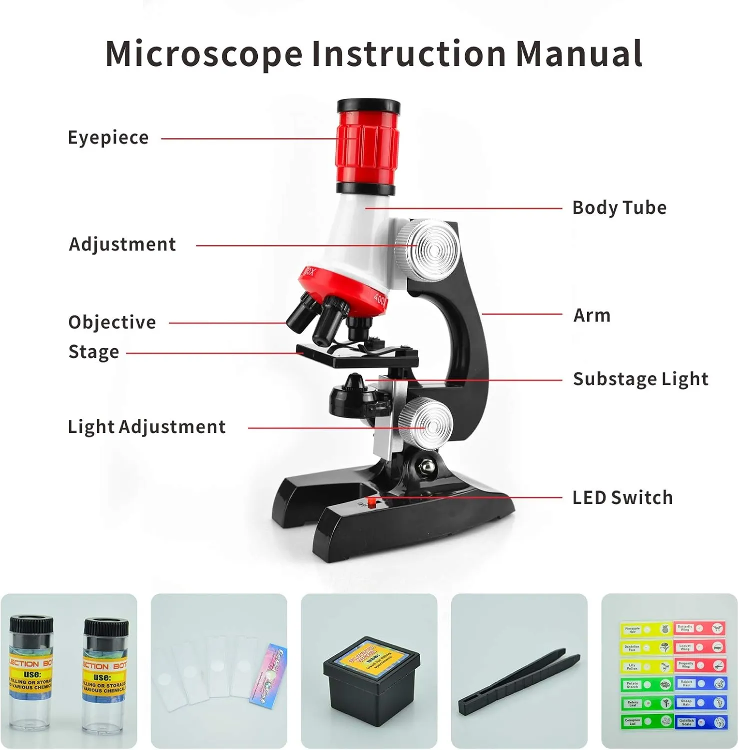 Science Kits for Kids Beginner Microscope with LED 100X 400X and 1200X-Include Sample Prepared Slides (2)