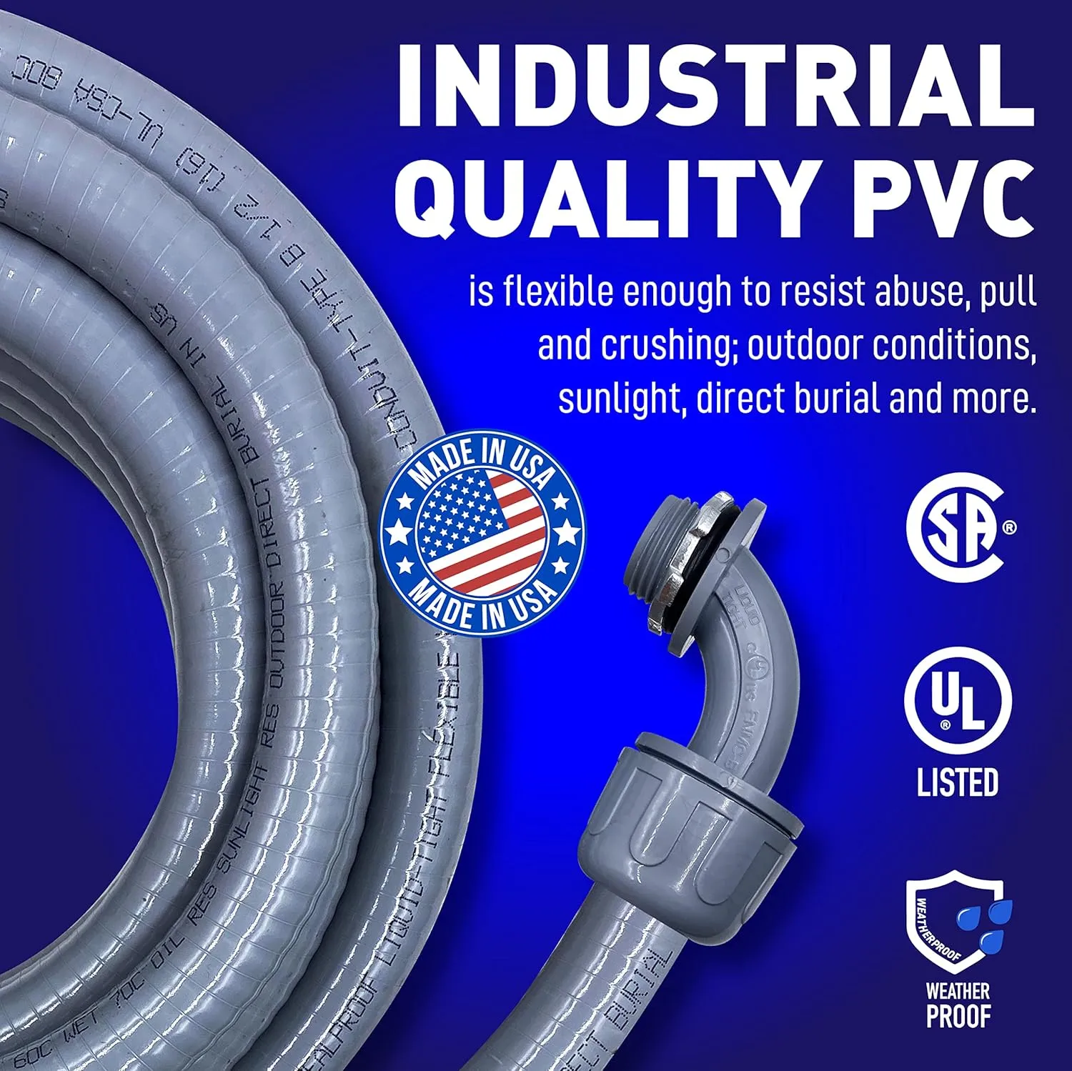 Sealproof 1/2-Inch Non-Metallic Liquid-Tight Conduit and Connector Kit, 100 Foot Made in USA Flexible Electrical Conduit Type B with 6 Straight and 4 90-Degree Conduit Connector Fittings, 0.5" Dia