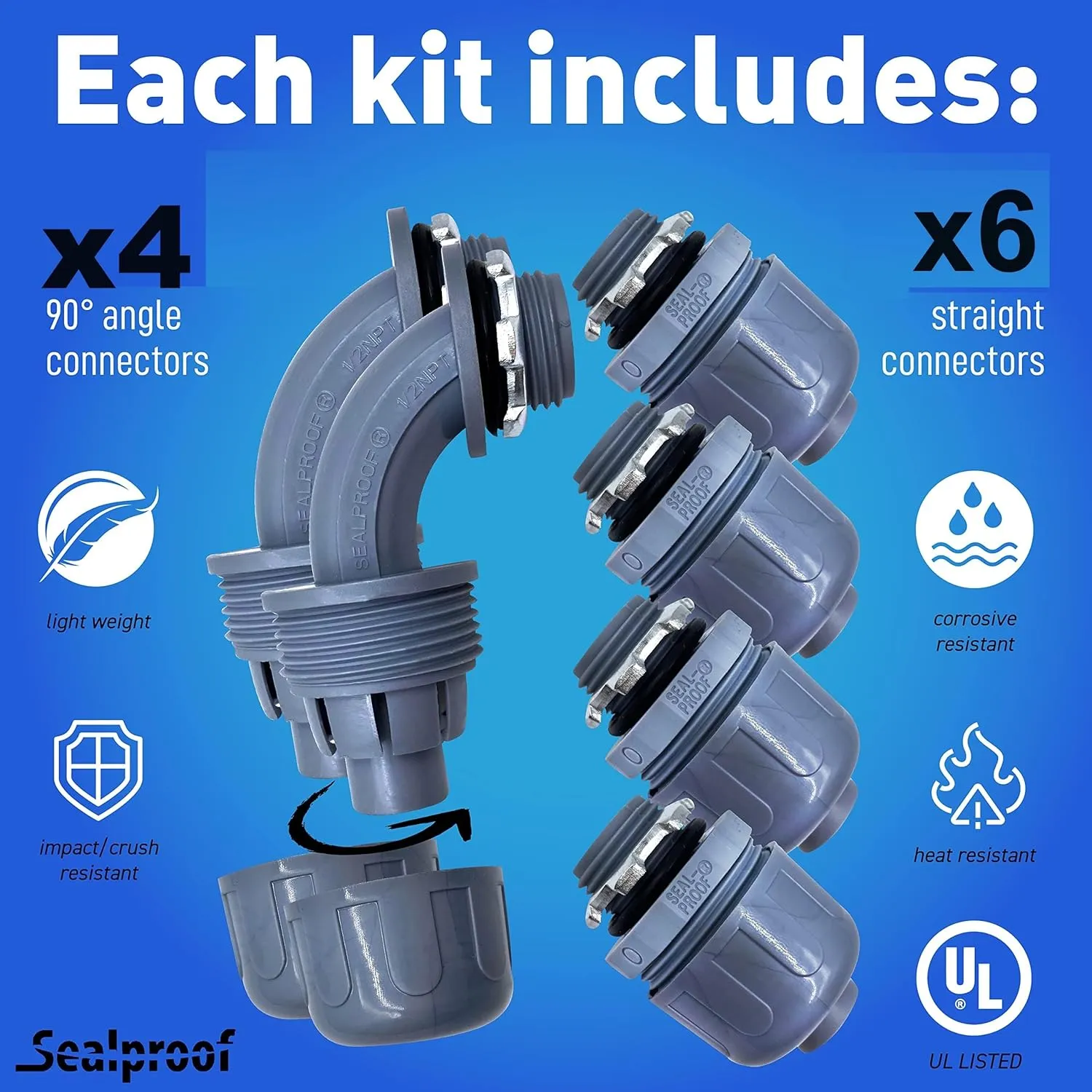 Sealproof 1/2-Inch Non-Metallic Liquid-Tight Conduit and Connector Kit, 100 Foot Made in USA Flexible Electrical Conduit Type B with 6 Straight and 4 90-Degree Conduit Connector Fittings, 0.5" Dia
