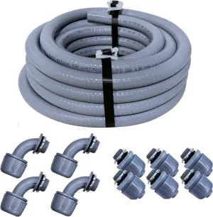 Sealproof 1/2-Inch Non-Metallic Liquid-Tight Conduit and Connector Kit, 100 Foot Made in USA Flexible Electrical Conduit Type B with 6 Straight and 4 90-Degree Conduit Connector Fittings, 0.5" Dia