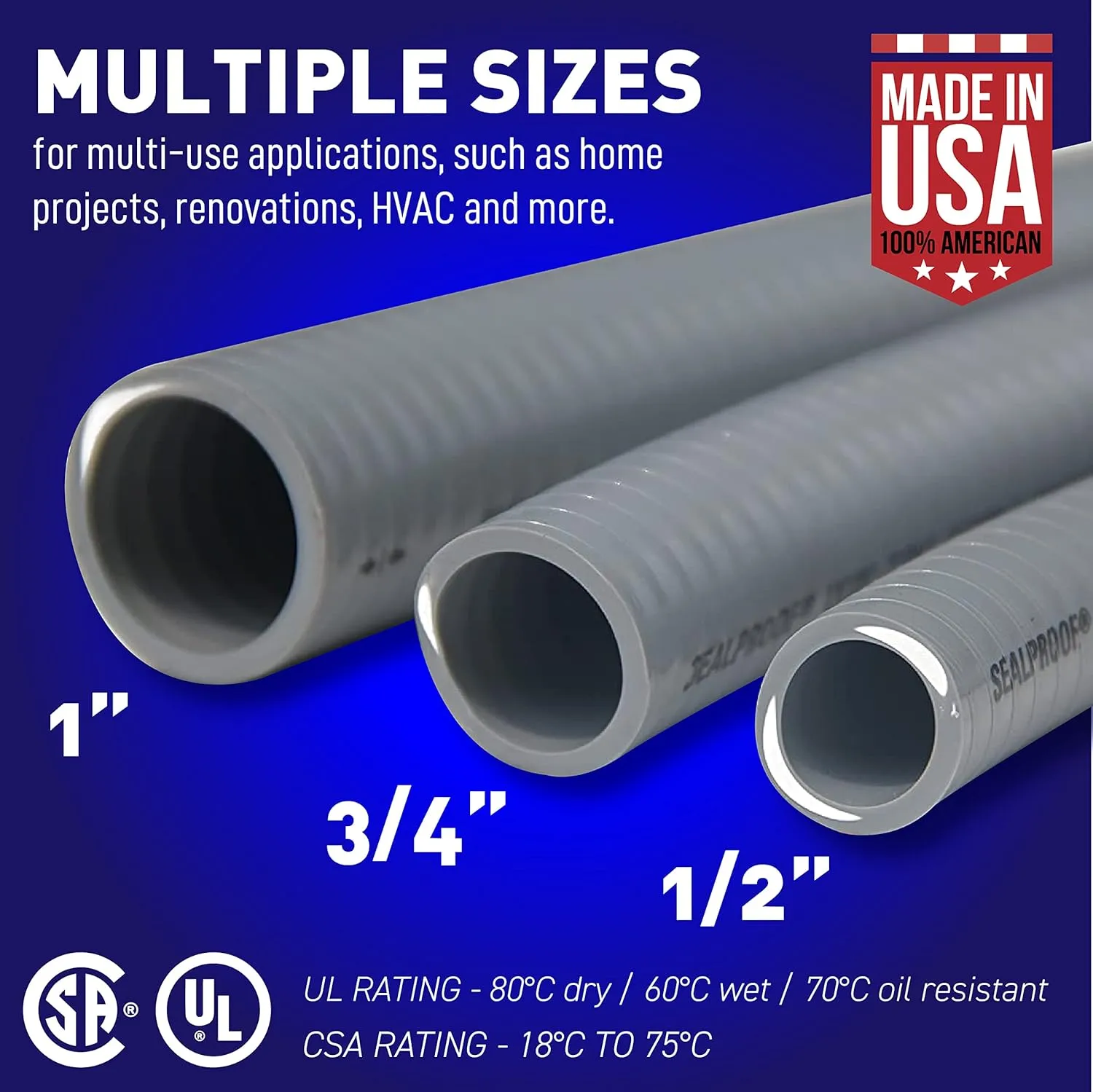 Sealproof 1/2-Inch Non-Metallic Liquid-Tight Conduit and Connector Kit, 100 Foot Made in USA Flexible Electrical Conduit Type B with 6 Straight and 4 90-Degree Conduit Connector Fittings, 0.5" Dia