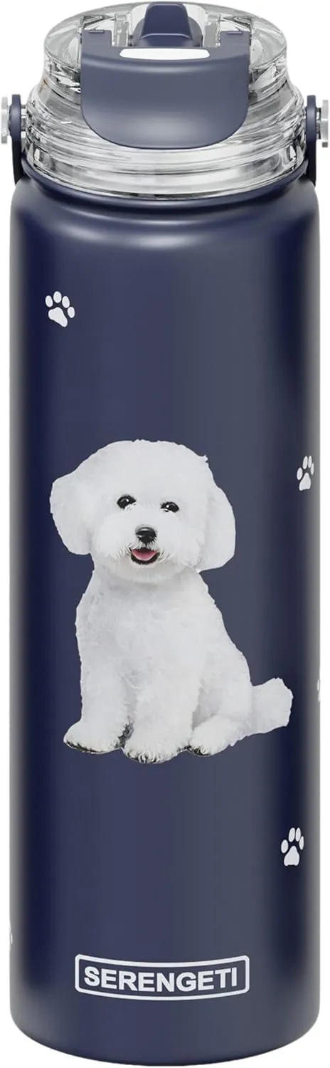 SERENGETI 24 Oz Water Bottle Stainless Steel with Spill Proof Lid - Double walled Vacuum Insulated water flask - Realistic 3D Print of your favorite dog (Bichon Frise)
