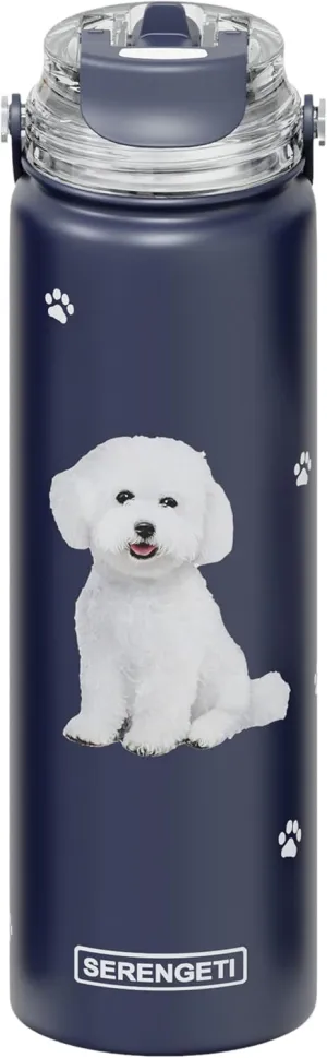 SERENGETI 24 Oz Water Bottle Stainless Steel with Spill Proof Lid - Double walled Vacuum Insulated water flask - Realistic 3D Print of your favorite dog (Bichon Frise)