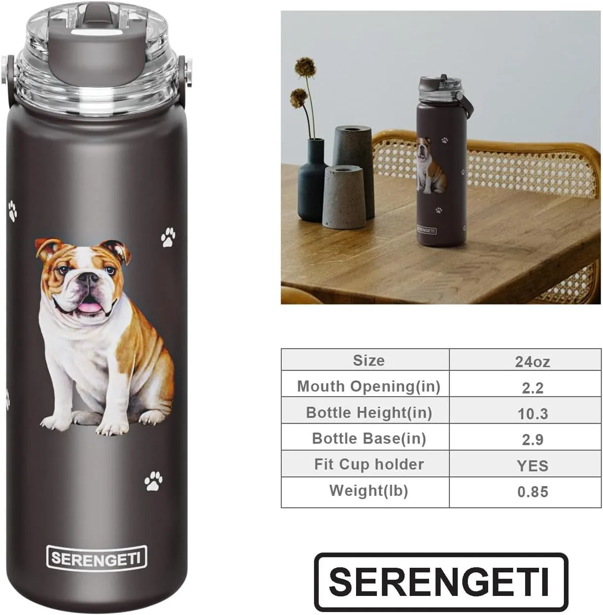 SERENGETI 24 Oz Water Bottle Stainless Steel with Spill Proof Lid - Double walled Vacuum Insulated water flask - Realistic 3D Print of your favorite dog (Bichon Frise)