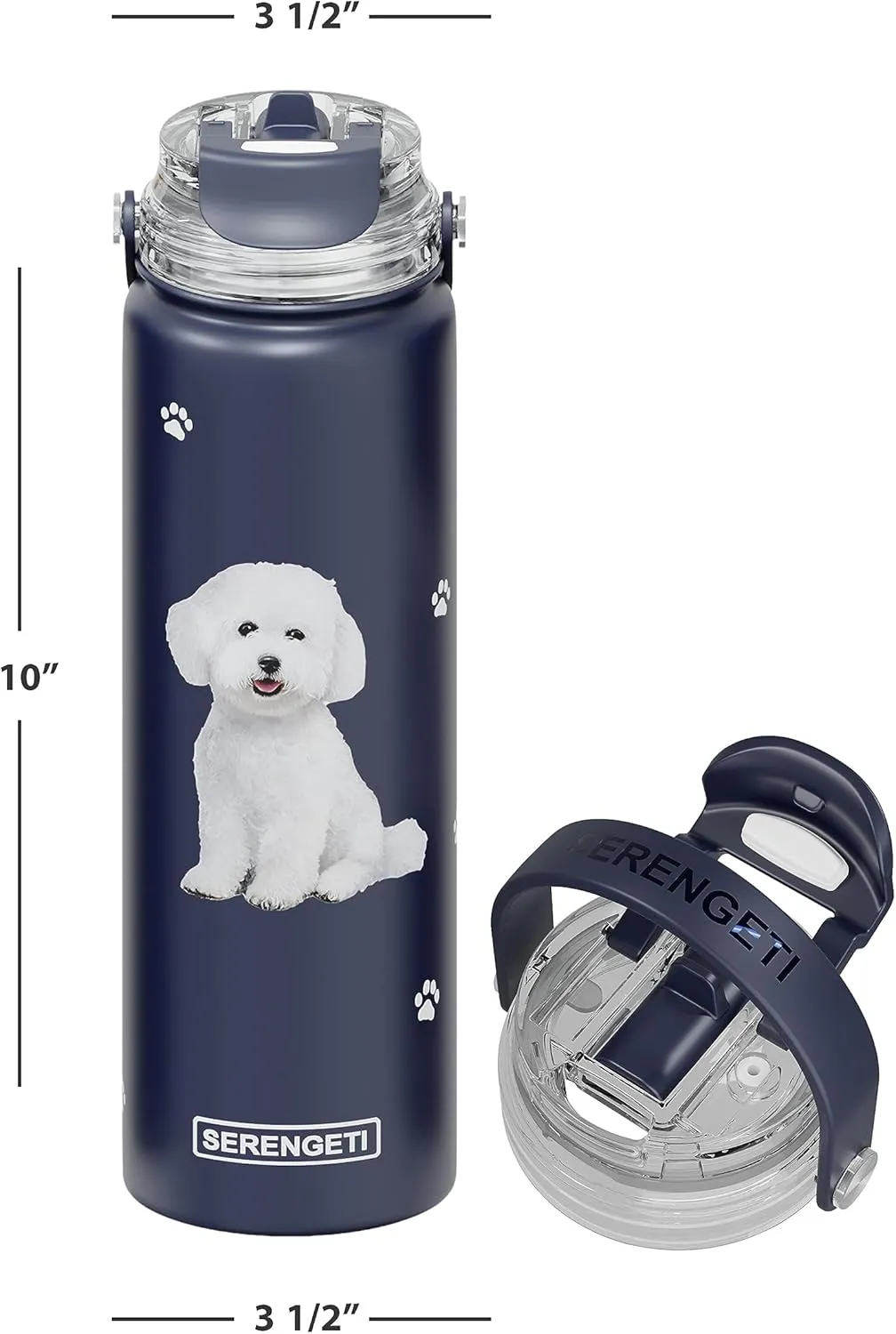 SERENGETI 24 Oz Water Bottle Stainless Steel with Spill Proof Lid - Double walled Vacuum Insulated water flask - Realistic 3D Print of your favorite dog (Bichon Frise)