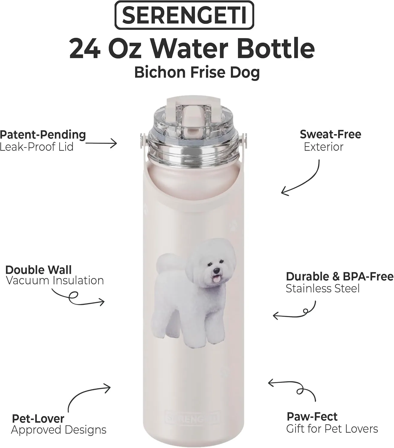 SERENGETI 24 Oz Water Bottle Stainless Steel with Spill Proof Lid - Double walled Vacuum Insulated water flask - Realistic 3D Print of your favorite dog (Bichon Frise)