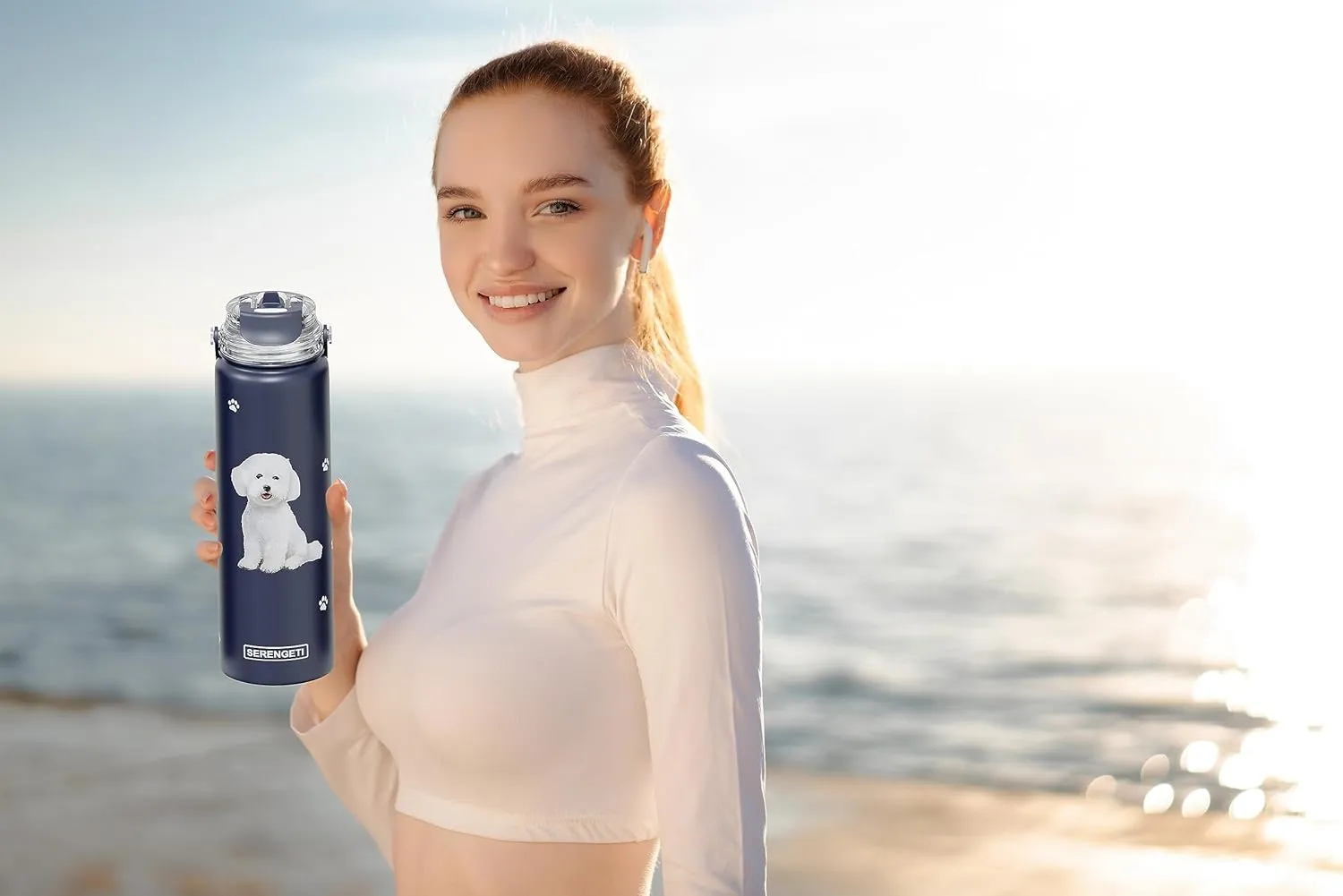 SERENGETI 24 Oz Water Bottle Stainless Steel with Spill Proof Lid - Double walled Vacuum Insulated water flask - Realistic 3D Print of your favorite dog (Bichon Frise)