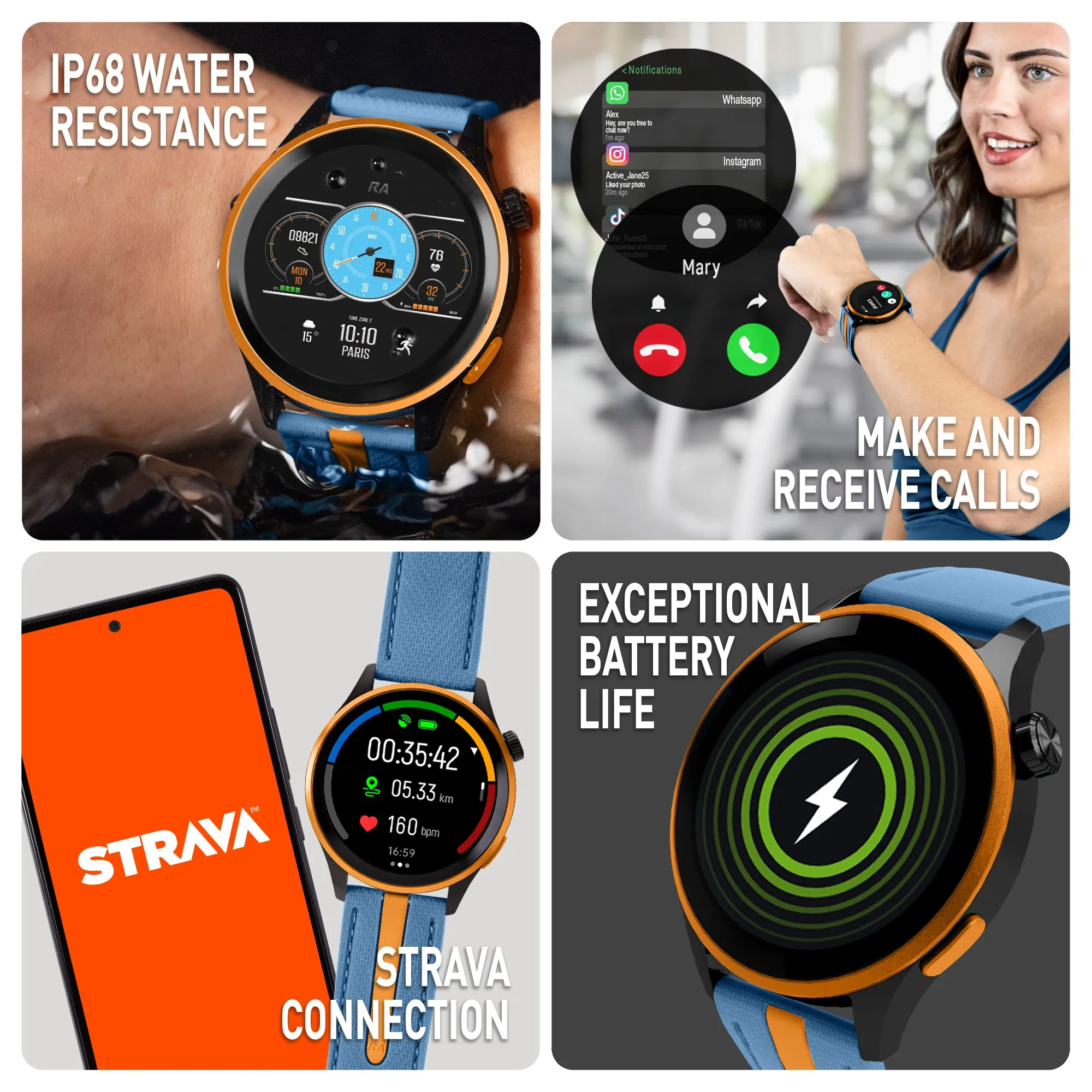 Series 54 AMOLED GPS Blue and Orange Smart Calling Watch