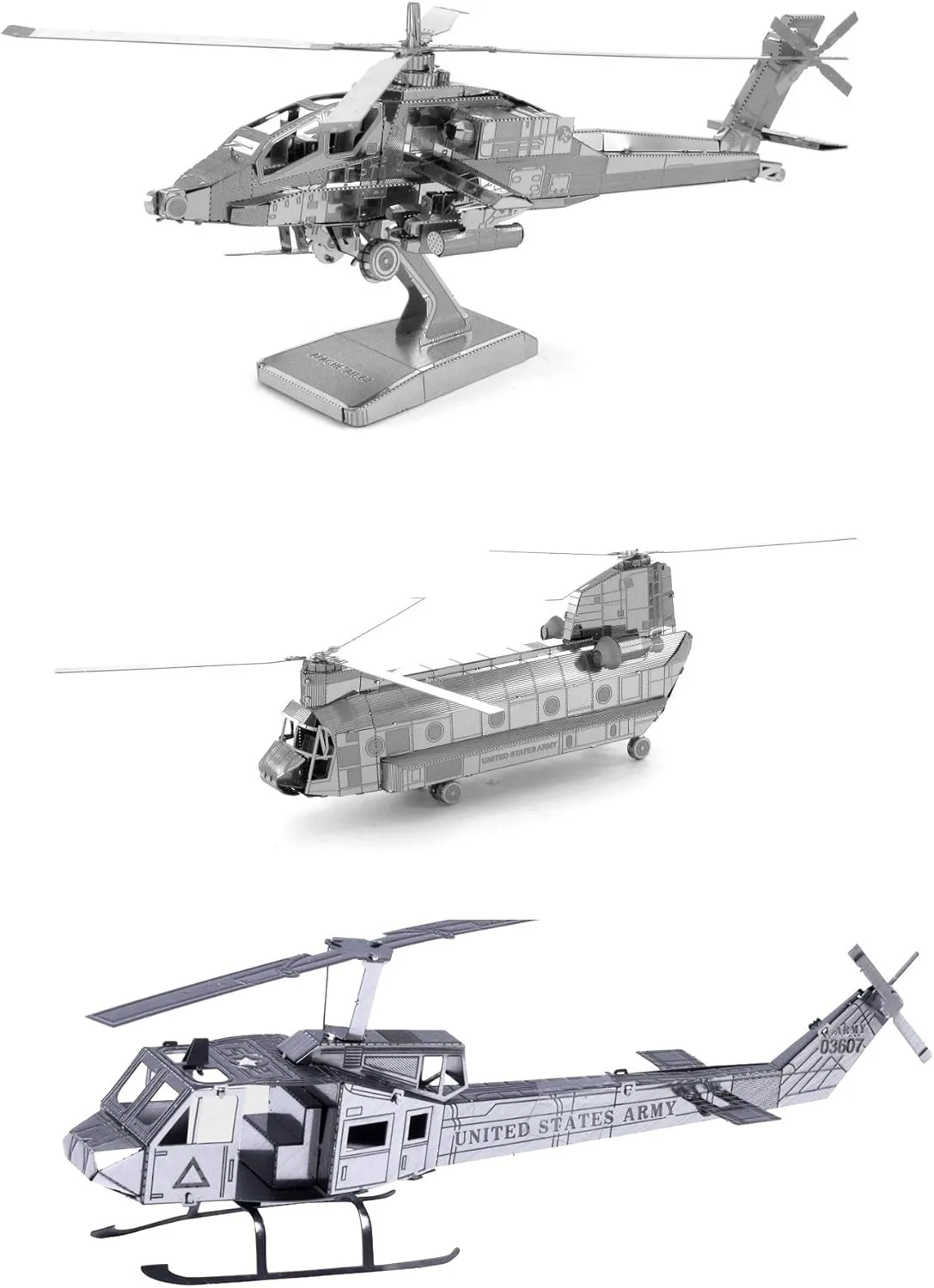 Set of 3 Metal Earth 3D Laser Cut Helicopter Models: AH-64 Apache - CH-47 Chinook - UH-1 Huey