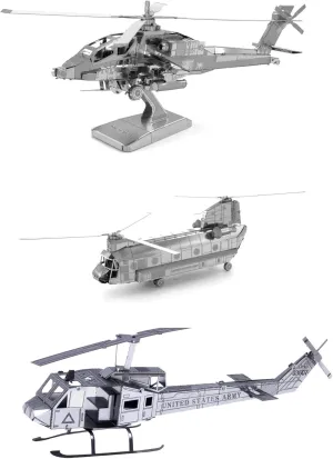 Set of 3 Metal Earth 3D Laser Cut Helicopter Models: AH-64 Apache - CH-47 Chinook - UH-1 Huey