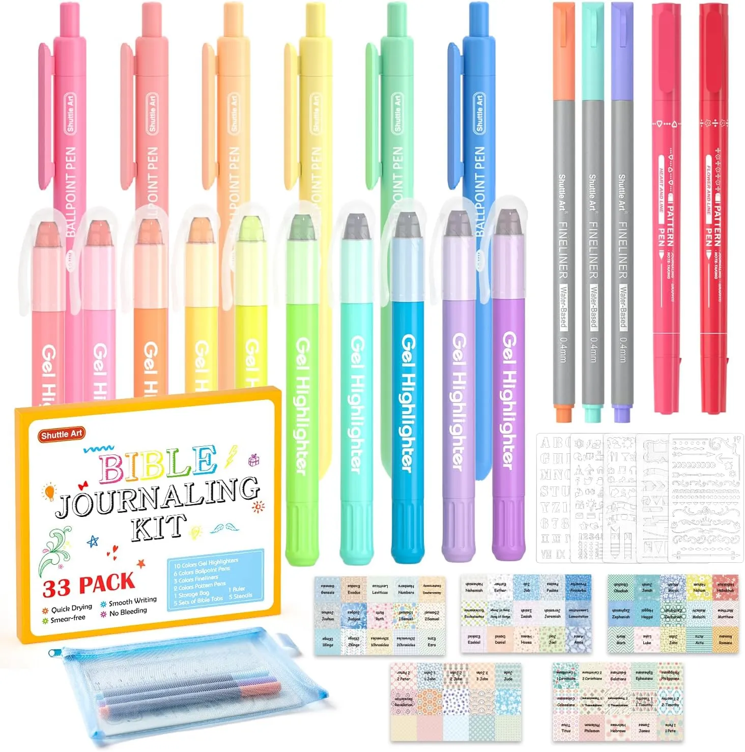 Shuttle Art Bible Highlighters and Pens No Bleed, 33 Pack Bible Journaling Kit, Bible Pens Gel Highlighters and Bible Tabs with a storage bag, Bible Markers No Bleed Through