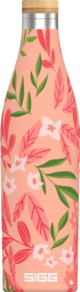 SIGG - Insulated Water Bottle - Meridian Sumatra Flowers - Leakproof & Extra-Slim - BPA Free - Plastic Free - 18/8 Stainless Steel - Double Walled - Bamboo Screw Top - Pink floral - 17 Oz