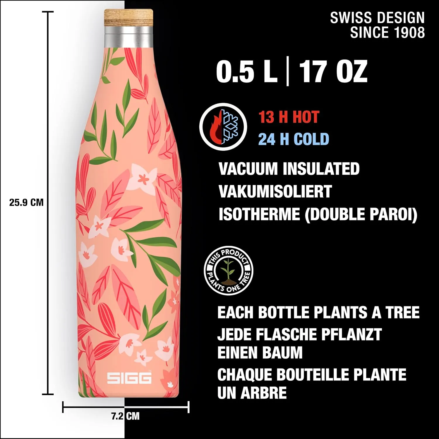SIGG - Insulated Water Bottle - Meridian Sumatra Flowers - Leakproof & Extra-Slim - BPA Free - Plastic Free - 18/8 Stainless Steel - Double Walled - Bamboo Screw Top - Pink floral - 17 Oz
