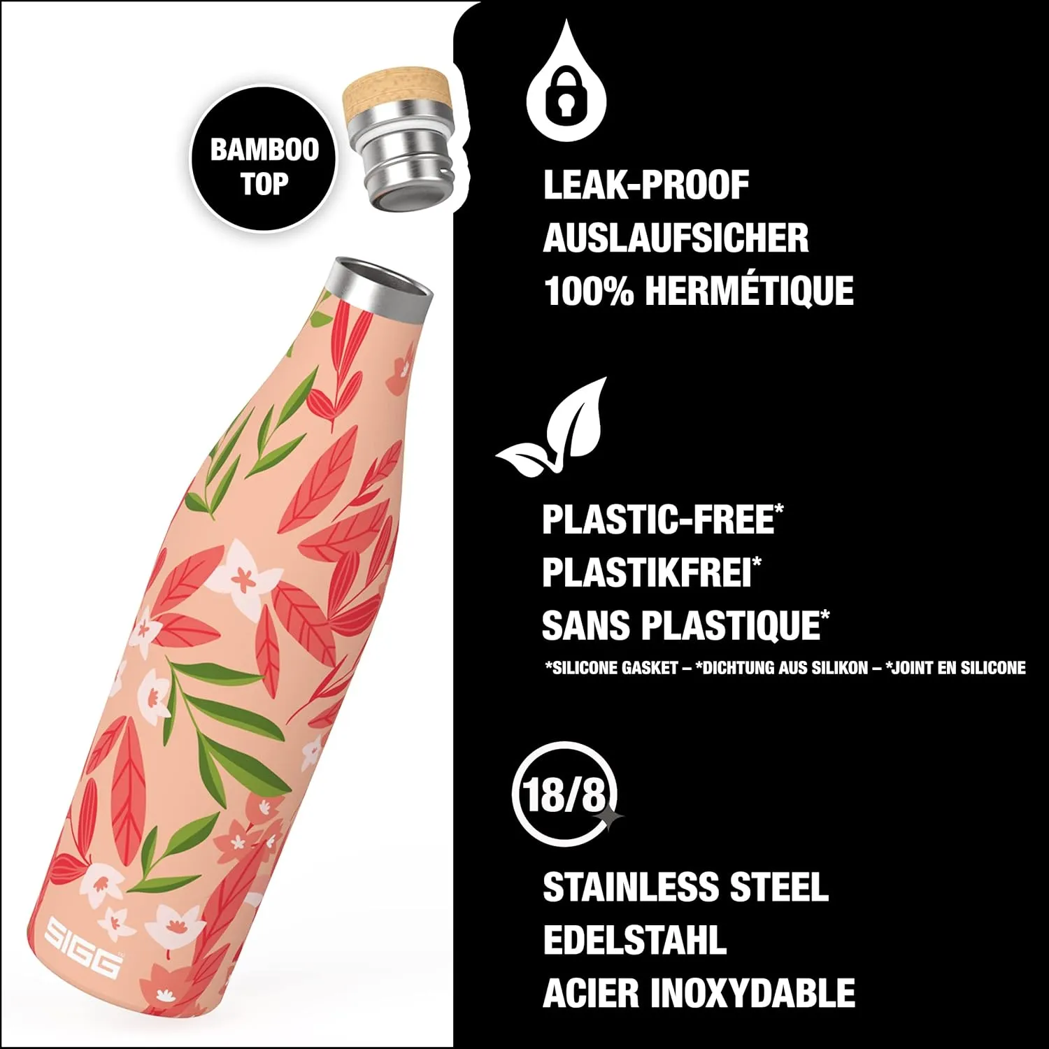SIGG - Insulated Water Bottle - Meridian Sumatra Flowers - Leakproof & Extra-Slim - BPA Free - Plastic Free - 18/8 Stainless Steel - Double Walled - Bamboo Screw Top - Pink floral - 17 Oz