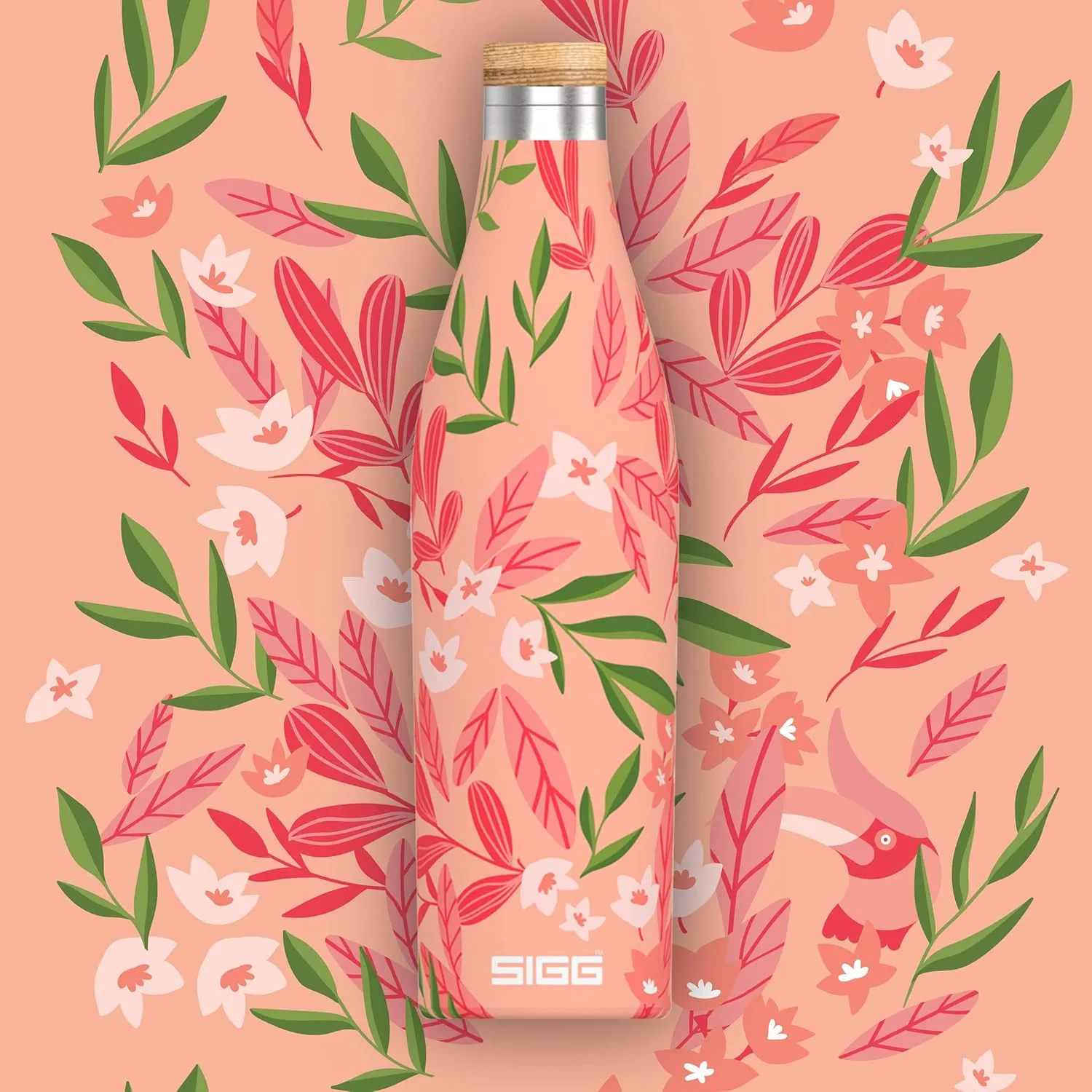 SIGG - Insulated Water Bottle - Meridian Sumatra Flowers - Leakproof & Extra-Slim - BPA Free - Plastic Free - 18/8 Stainless Steel - Double Walled - Bamboo Screw Top - Pink floral - 17 Oz