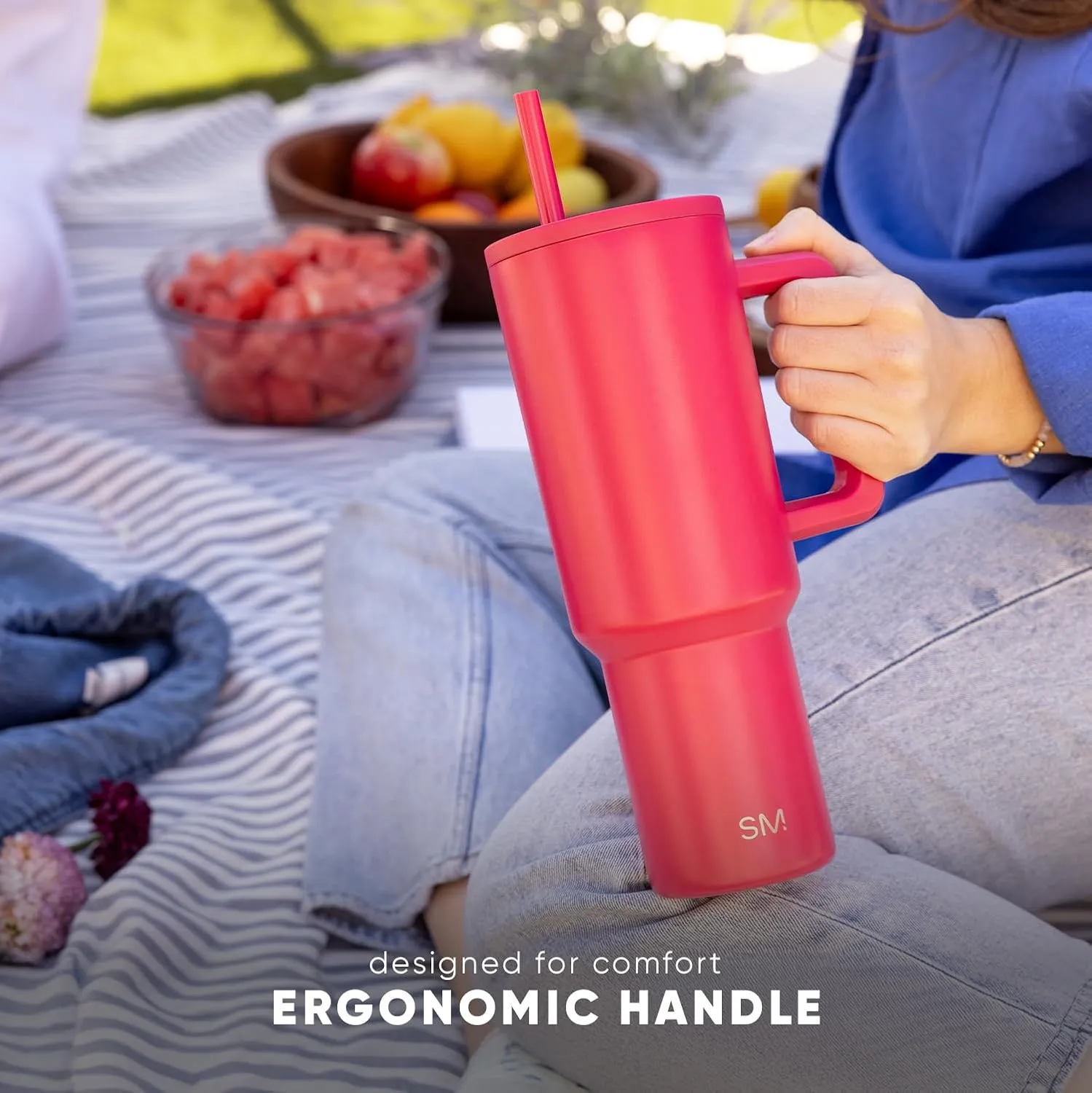 Simple Modern 40 oz Trek Tumbler with Handle and Straw Lid | Cup Holder Friendly Insulated Stainless Steel Travel Mug | Watermelon Splash