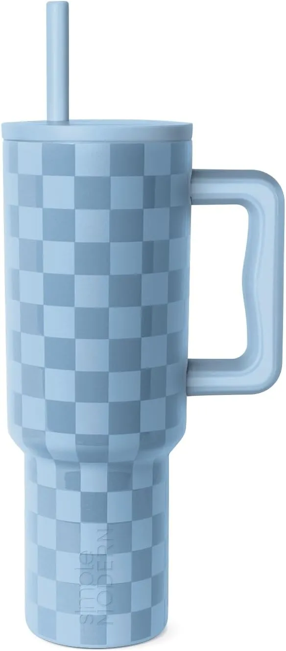 Simple Modern 40 oz Tumbler with Handle and Straw Lid | Leak-Proof Insulated Stainless Steel Water Bottle Travel Mug Cupholder Use | Gifts for Women Her | Trek Signature | Forget Me Not Checkmate