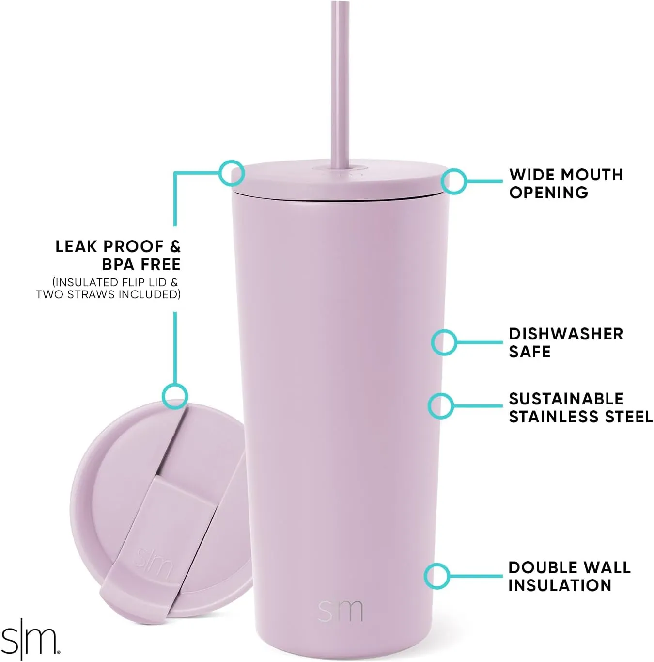 Simple Modern Insulated Tumbler with Lid and Straw | Iced Coffee Cup Reusable Stainless Steel Water Bottle Travel Mug | Gifts for Women Men Her Him | Classic Collection | 20oz | Lavender Mist