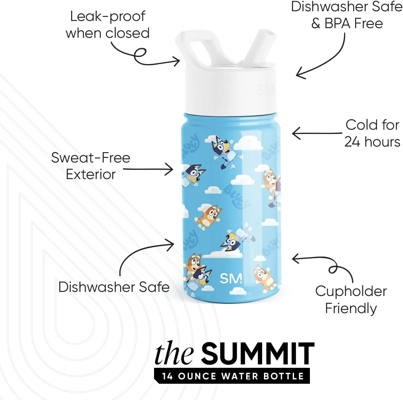 Simple Modern Kids Summit Water Bottle with Straw Lid | Bluey 14oz Stainless Steel Cup Insulated Tumbler for Toddlers, School | Bluey Sky