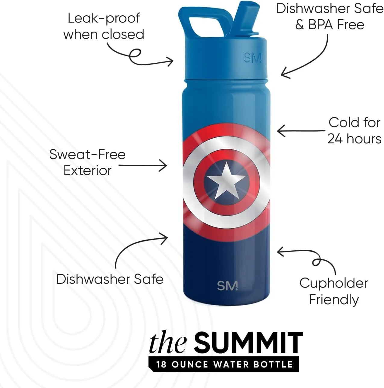 Simple Modern Kids Summit Water Bottle with Straw Lid | Marvel Captain America 18oz Stainless Steel Cup Insulated Tumbler for Boys, School | Captain America