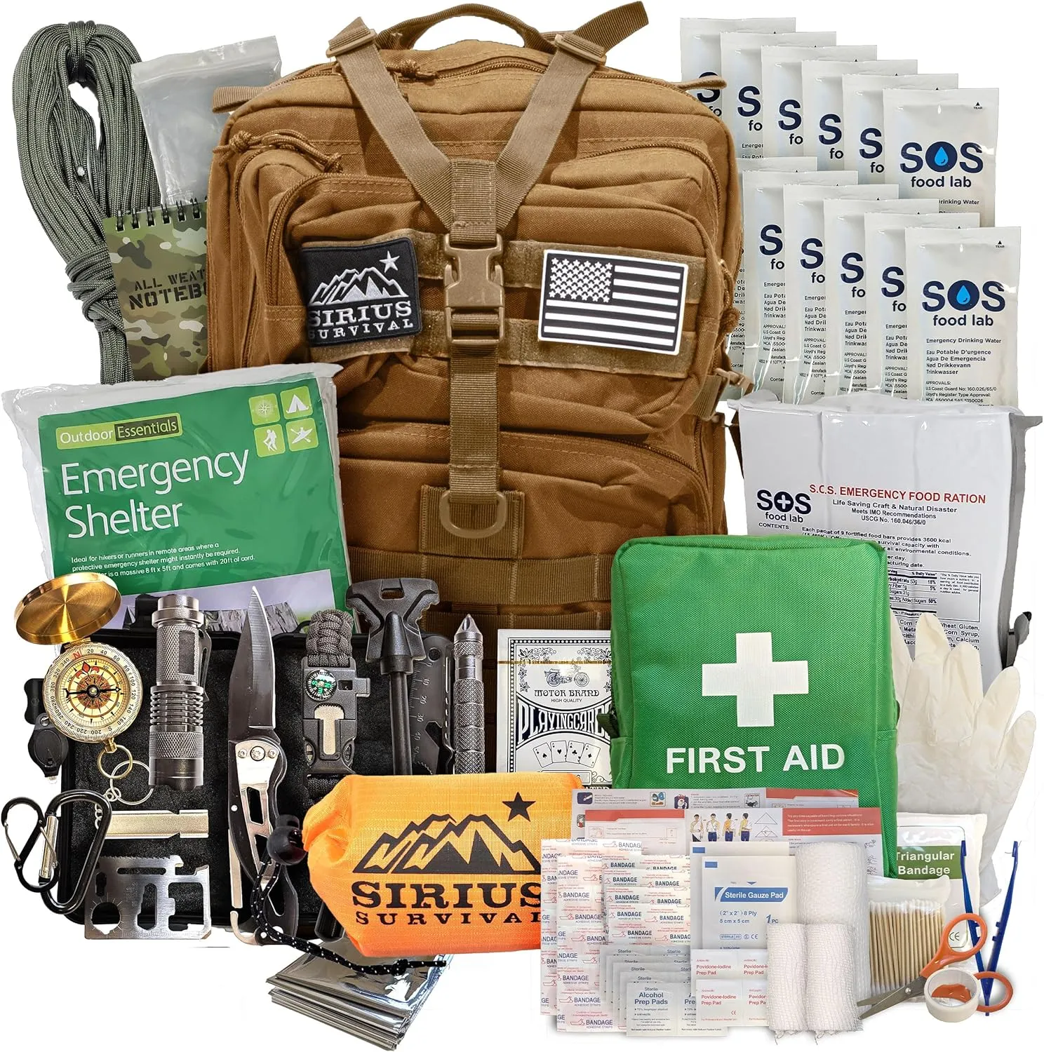 Sirius: Bug Out Bag Starter Kit - 72 Hour Kit for 1 Person – Backpack Survival Kit – 50L Tactical Backpack, US Made Food & Water, Medical Supplies & Survival Tools