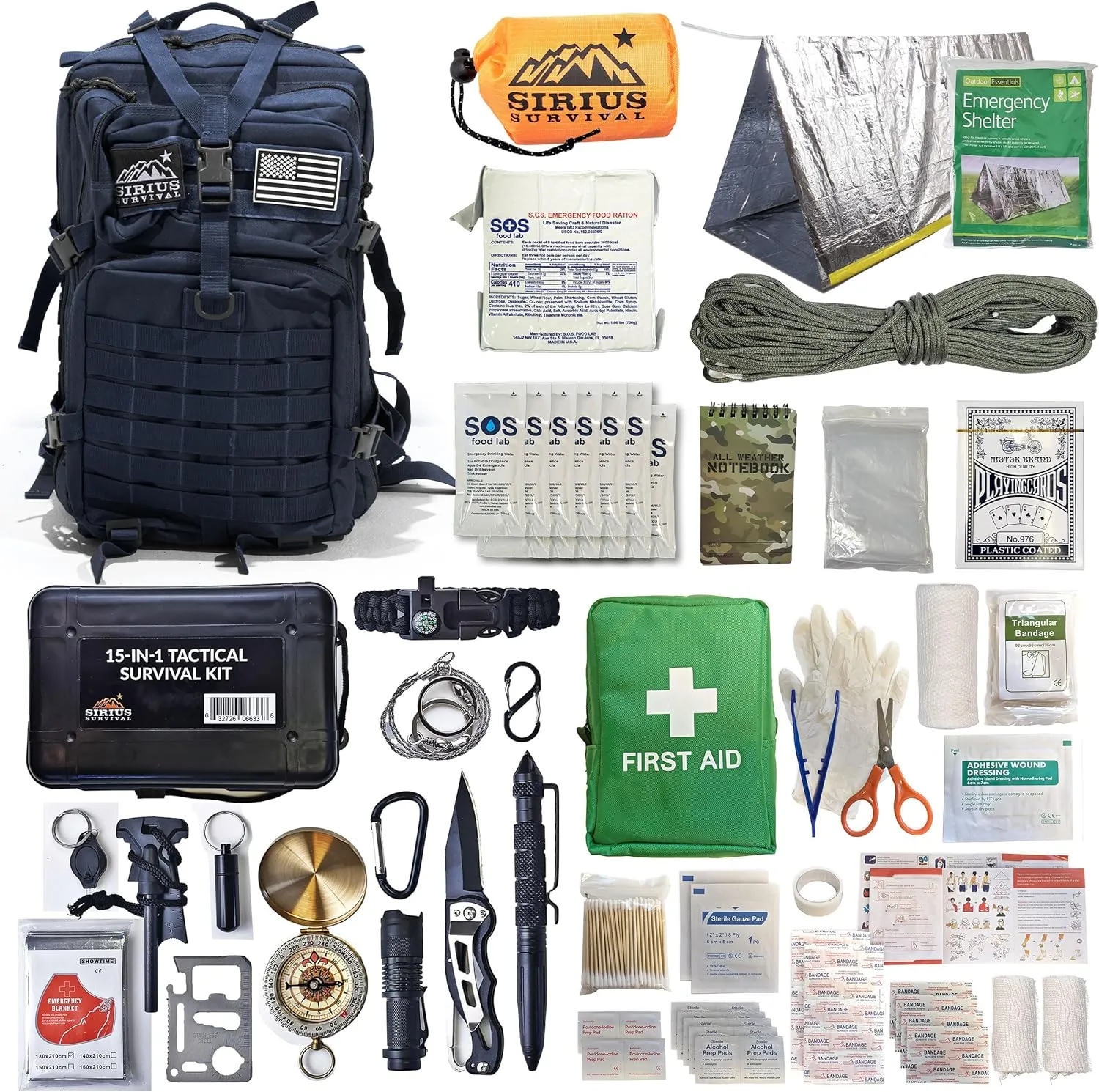 Sirius: Bug Out Bag Starter Kit - 72 Hour Kit for 1 Person – Backpack Survival Kit – 50L Tactical Backpack, US Made Food & Water, Medical Supplies & Survival Tools