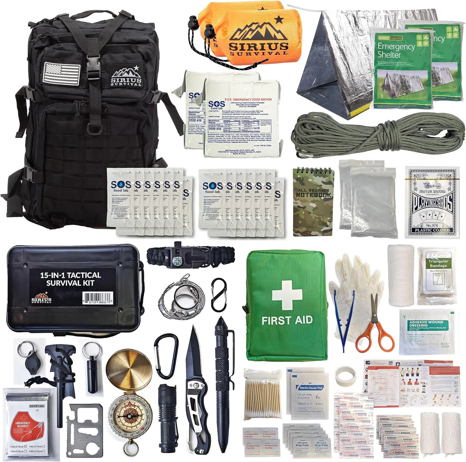 Sirius: Bug Out Bag Starter Kit - 72 Hour Kit for 1 Person – Backpack Survival Kit – 50L Tactical Backpack, US Made Food & Water, Medical Supplies & Survival Tools