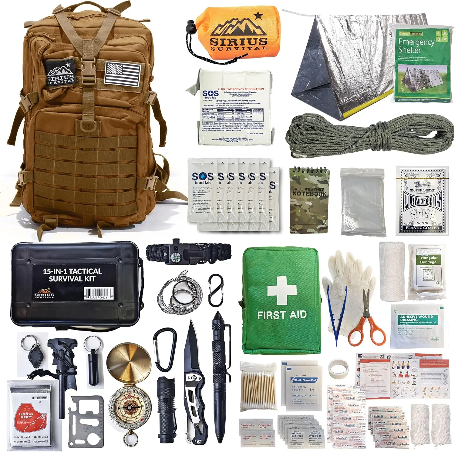 Sirius: Bug Out Bag Starter Kit - 72 Hour Kit for 1 Person – Backpack Survival Kit – 50L Tactical Backpack, US Made Food & Water, Medical Supplies & Survival Tools