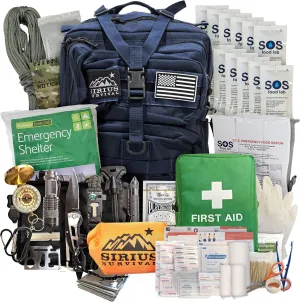 Sirius: Bug Out Bag Starter Kit - 72 Hour Kit for 1 Person – Backpack Survival Kit – 50L Tactical Backpack, US Made Food & Water, Medical Supplies & Survival Tools