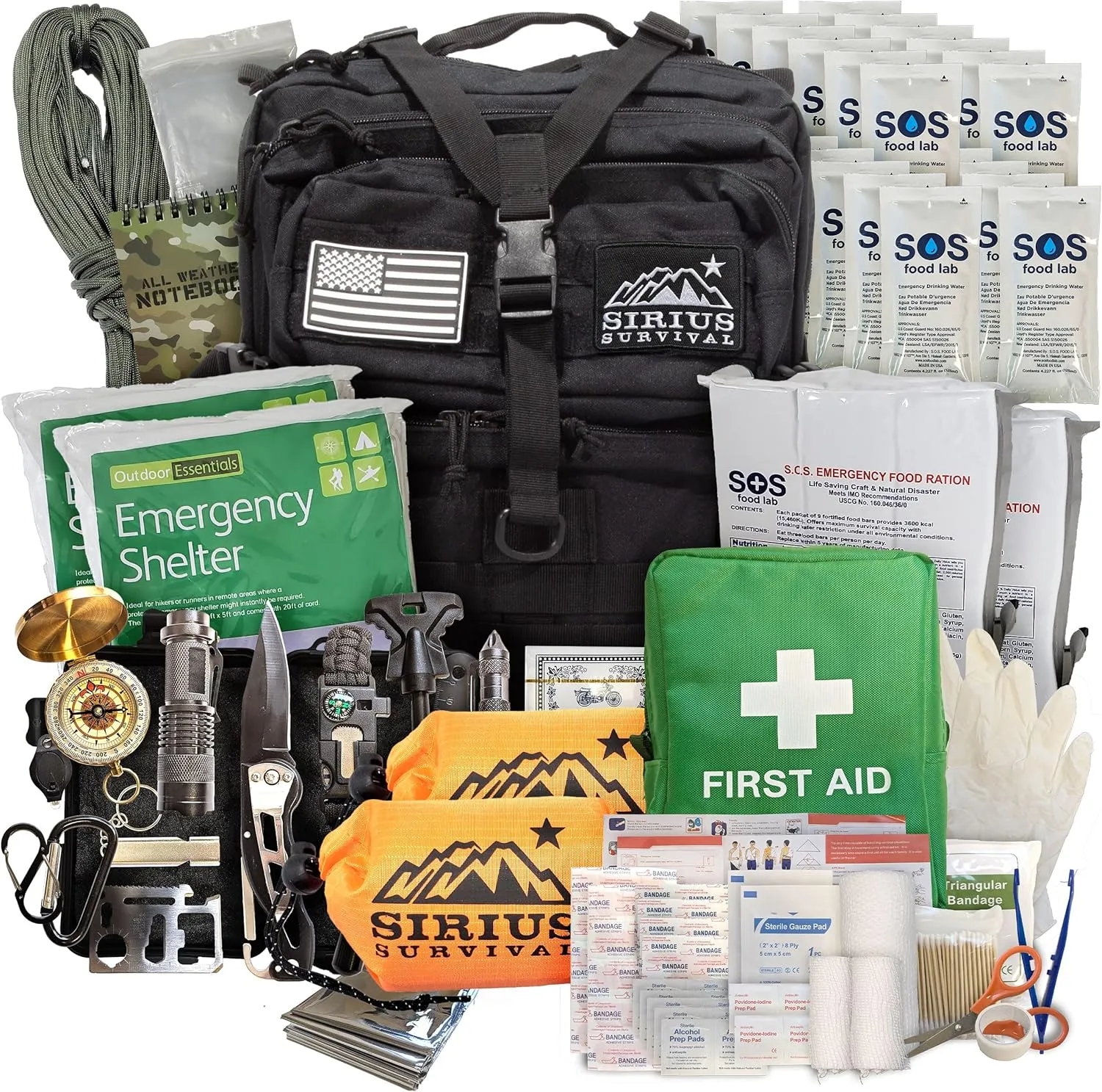 Sirius: Bug Out Bag Starter Kit - 72 Hour Kit for 1 Person – Backpack Survival Kit – 50L Tactical Backpack, US Made Food & Water, Medical Supplies & Survival Tools