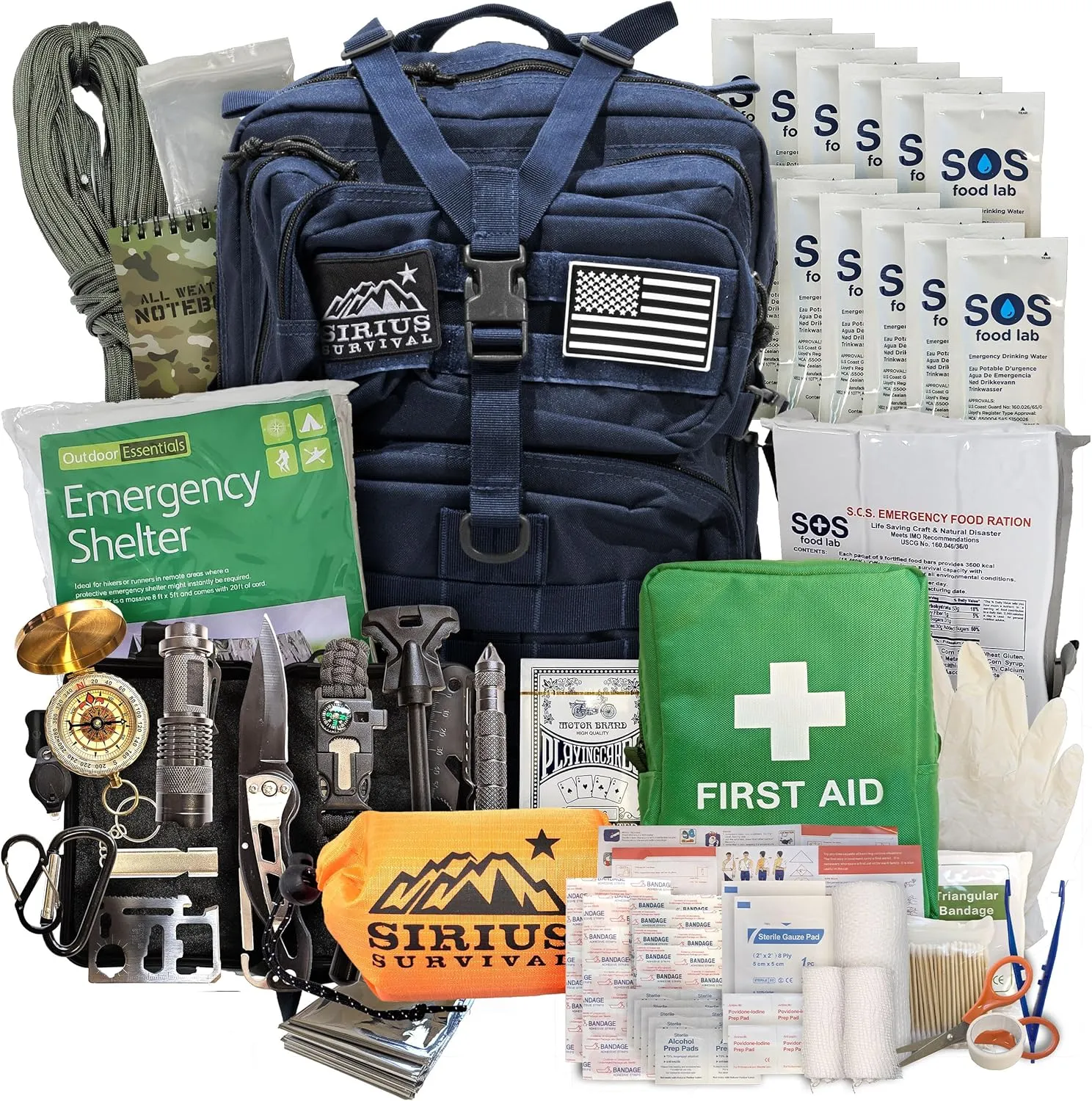 Sirius: Bug Out Bag Starter Kit - 72 Hour Kit for 1 Person – Backpack Survival Kit – 50L Tactical Backpack, US Made Food & Water, Medical Supplies & Survival Tools