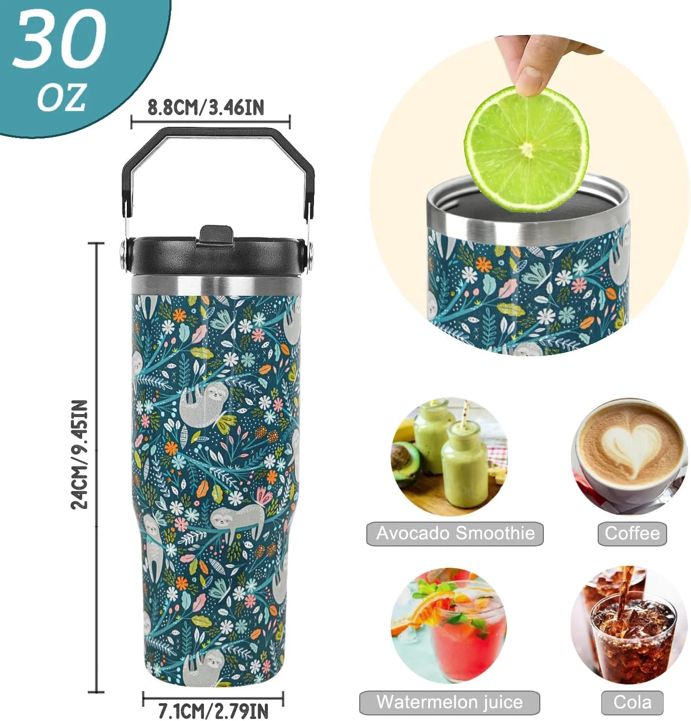 Sloth Tumbler with Handle & Flip Straw Cute Sloth Gifts Coffee Travel Mug Insulated Water Bottle Cup Sloths Stuff Decor Gifts for Women-30 OZ(1PCS)