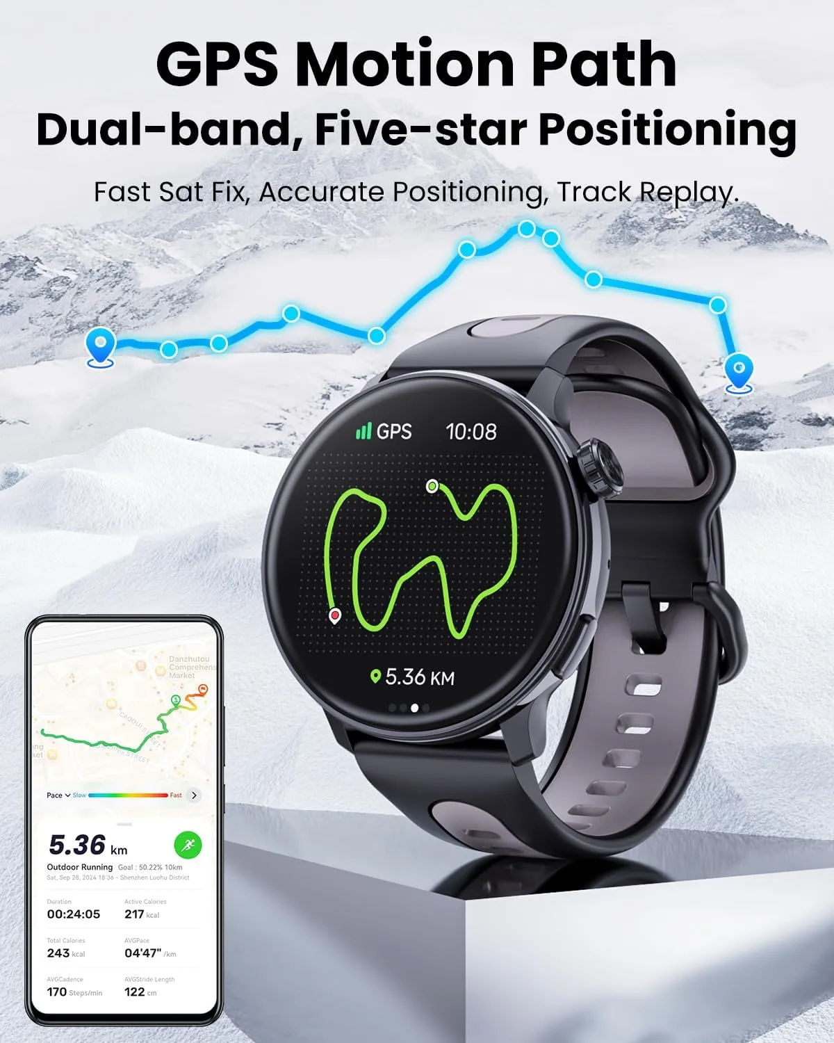 Smart Watch GPS, 1.43" AMOLED Screen Smart Watch for Men/Women Fitness Tracker, Military Smartwatches Compass，Compatible with Android & iOS (Bluetooth Call Answer/Dial), Multiple Sports Modes