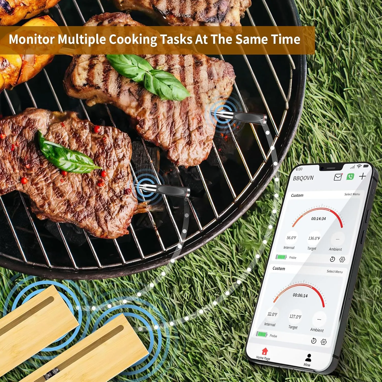 Smart Wireless Meat Thermometer Zero Wire with APP Remote Bluetooth Meat Thermometer, Food Thermometer for Remote Monitoring of BBQ Grill, Oven,Smoker,Pan (1, Black, Small)